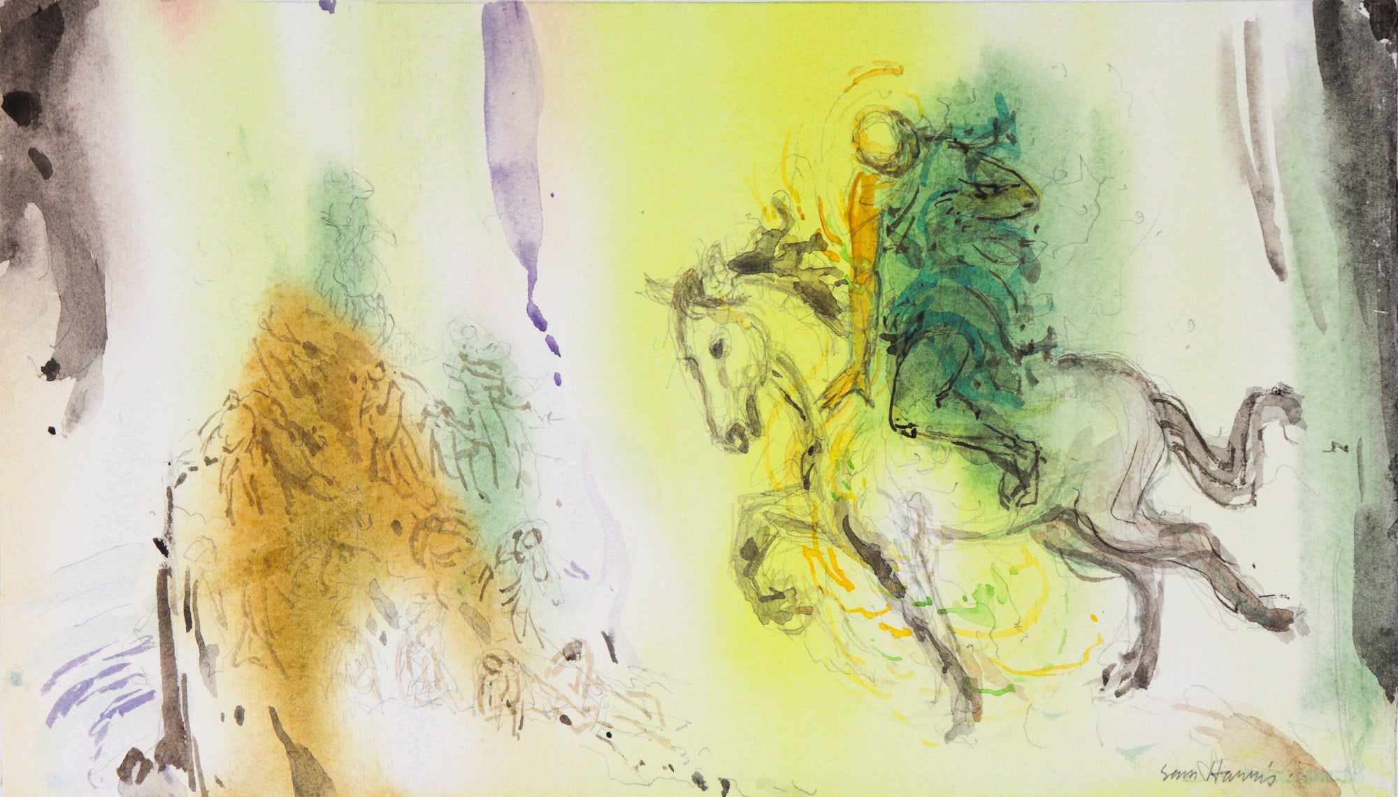 Modernist Figure on Horseback<br>20th Century Watercolor<br><br>#C2633