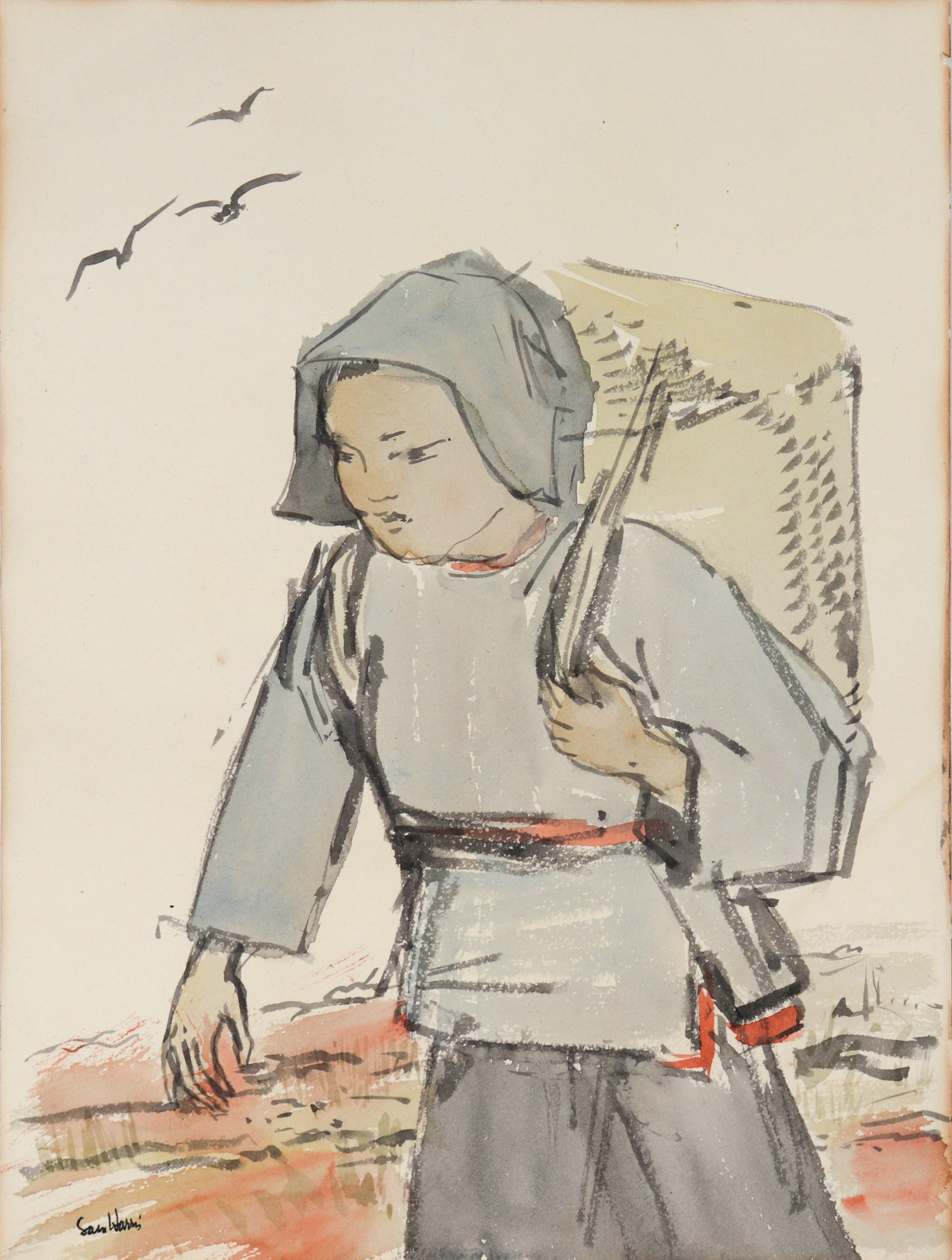 Traveler with Birds<br>20th Century Watercolor<br><br>#C2638