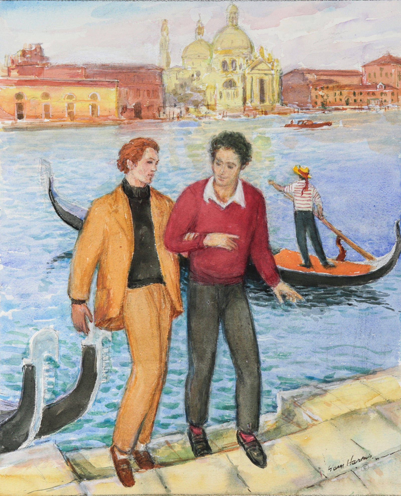 Couple in Venice<br>20th Century Watercolor & Pastel <br><br>#C2642