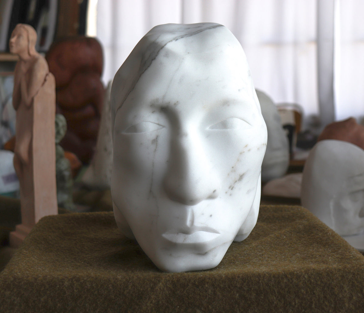 Bold Hand Carved Face&lt;br&gt;1994 Carrara Marble Sculpture&lt;br&gt;&lt;br&gt;#C2801