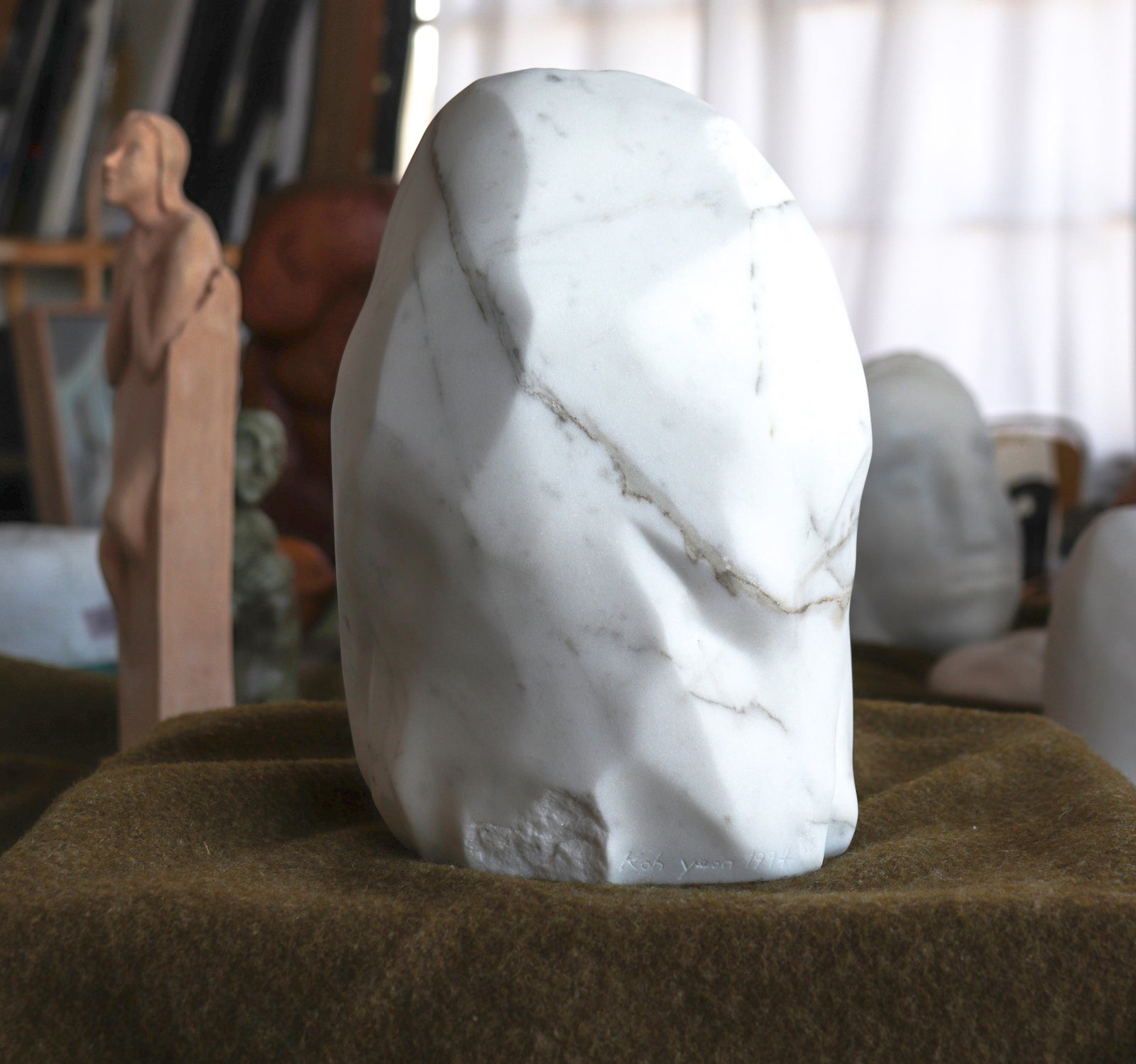 Bold Hand Carved Face<br>1994 Carrara Marble Sculpture<br><br>#C2801