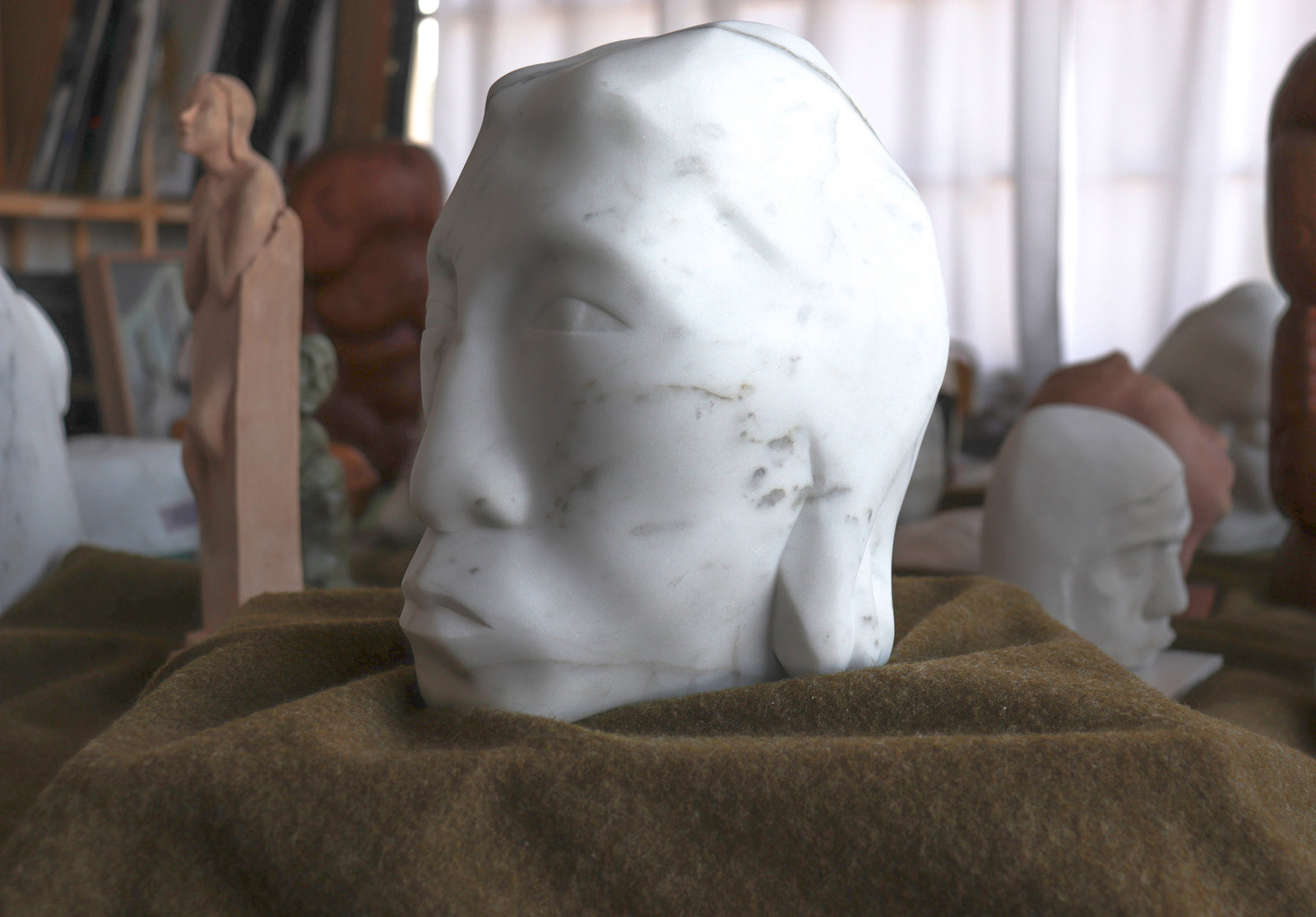 Bold Hand Carved Face<br>1994 Carrara Marble Sculpture<br><br>#C2801