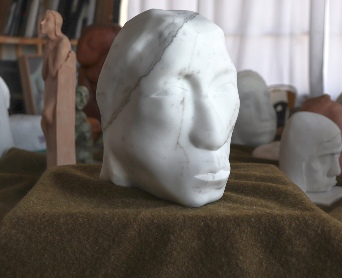 Bold Hand Carved Face<br>1994 Carrara Marble Sculpture<br><br>#C2801