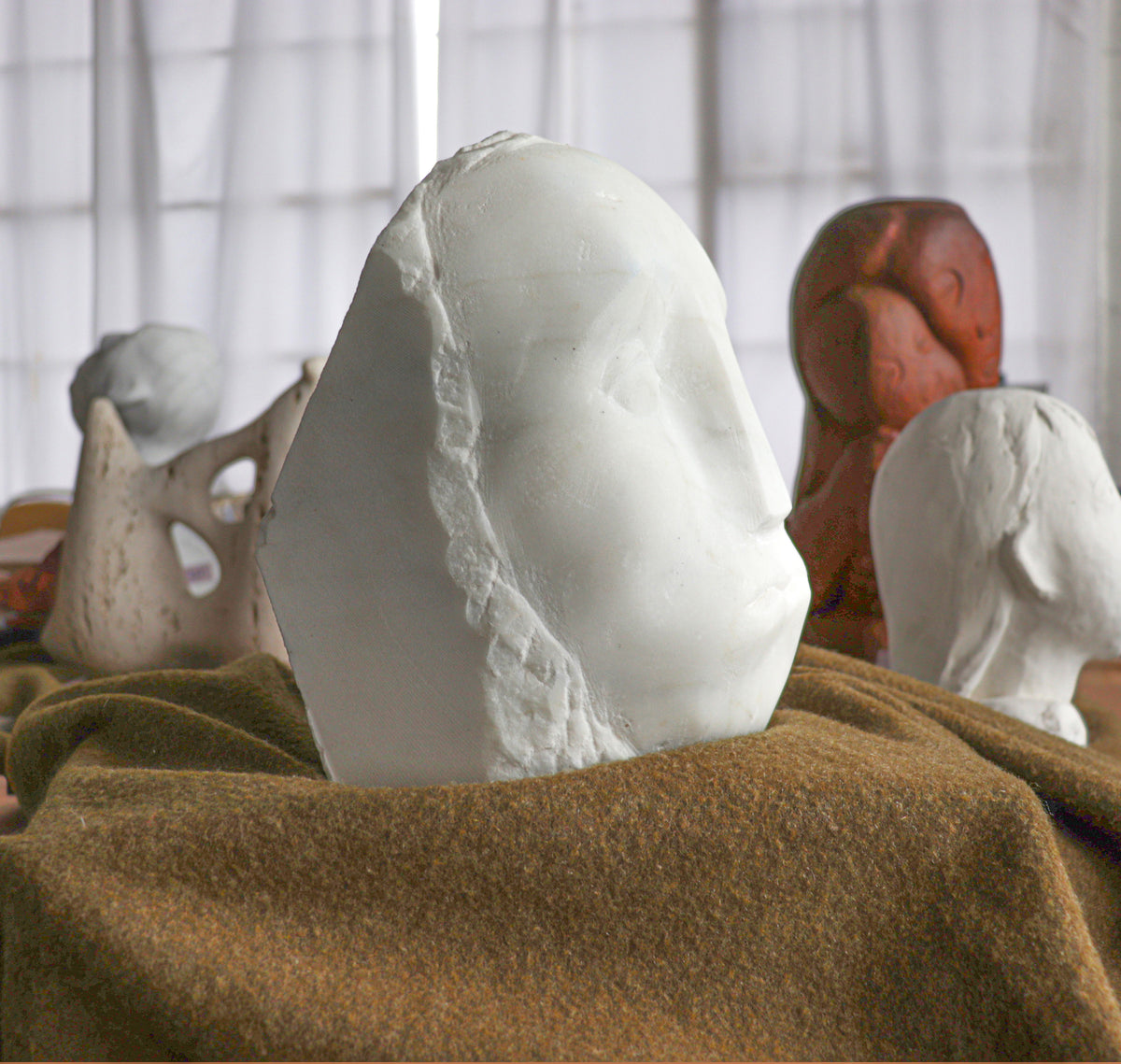 Angular Carved Face<br>20th Century Carrara Marble Sculpture<br><br>#C2872