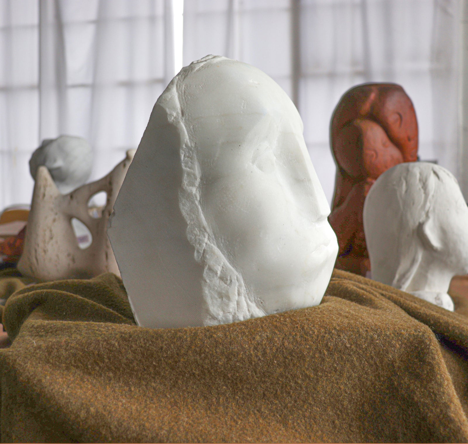 Angular Carved Face<br>20th Century Carrara Marble Sculpture<br><br>#C2872