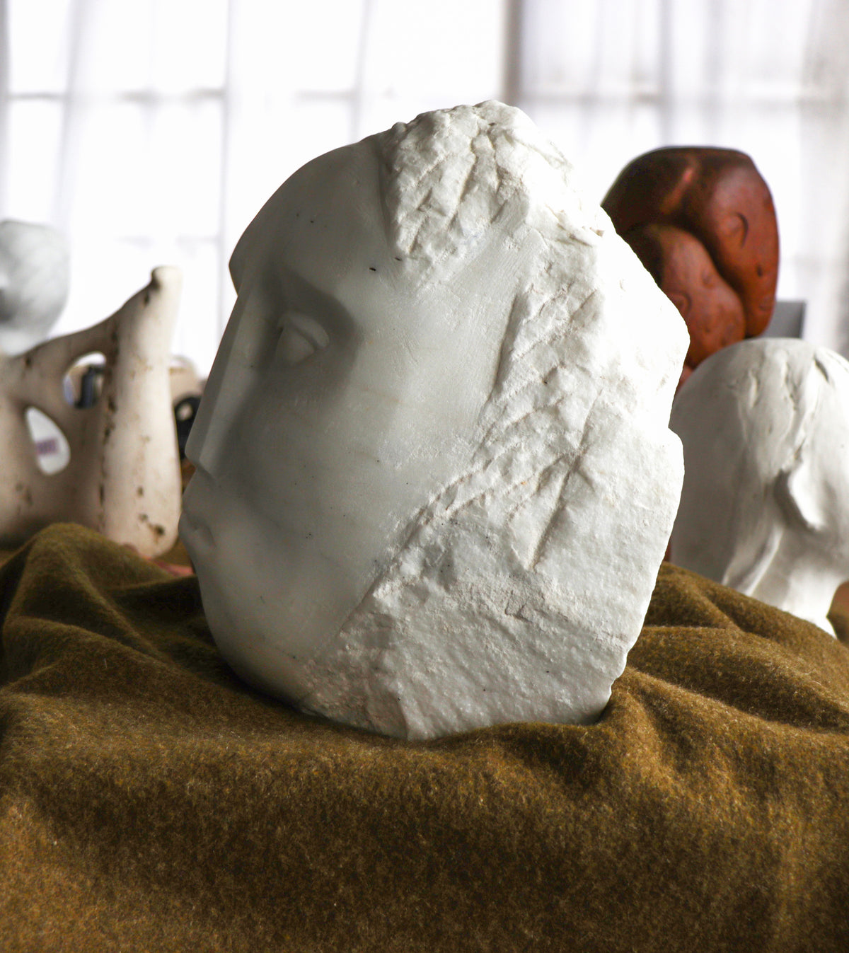 Angular Carved Face<br>20th Century Carrara Marble Sculpture<br><br>#C2872