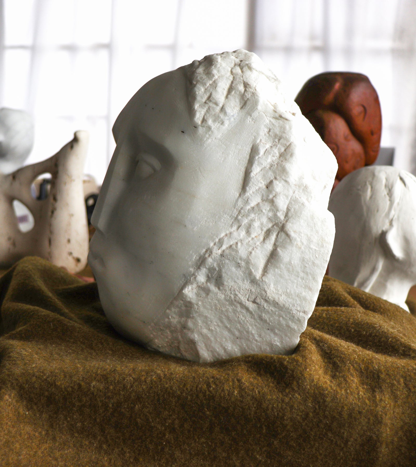 Angular Carved Face<br>20th Century Carrara Marble Sculpture<br><br>#C2872