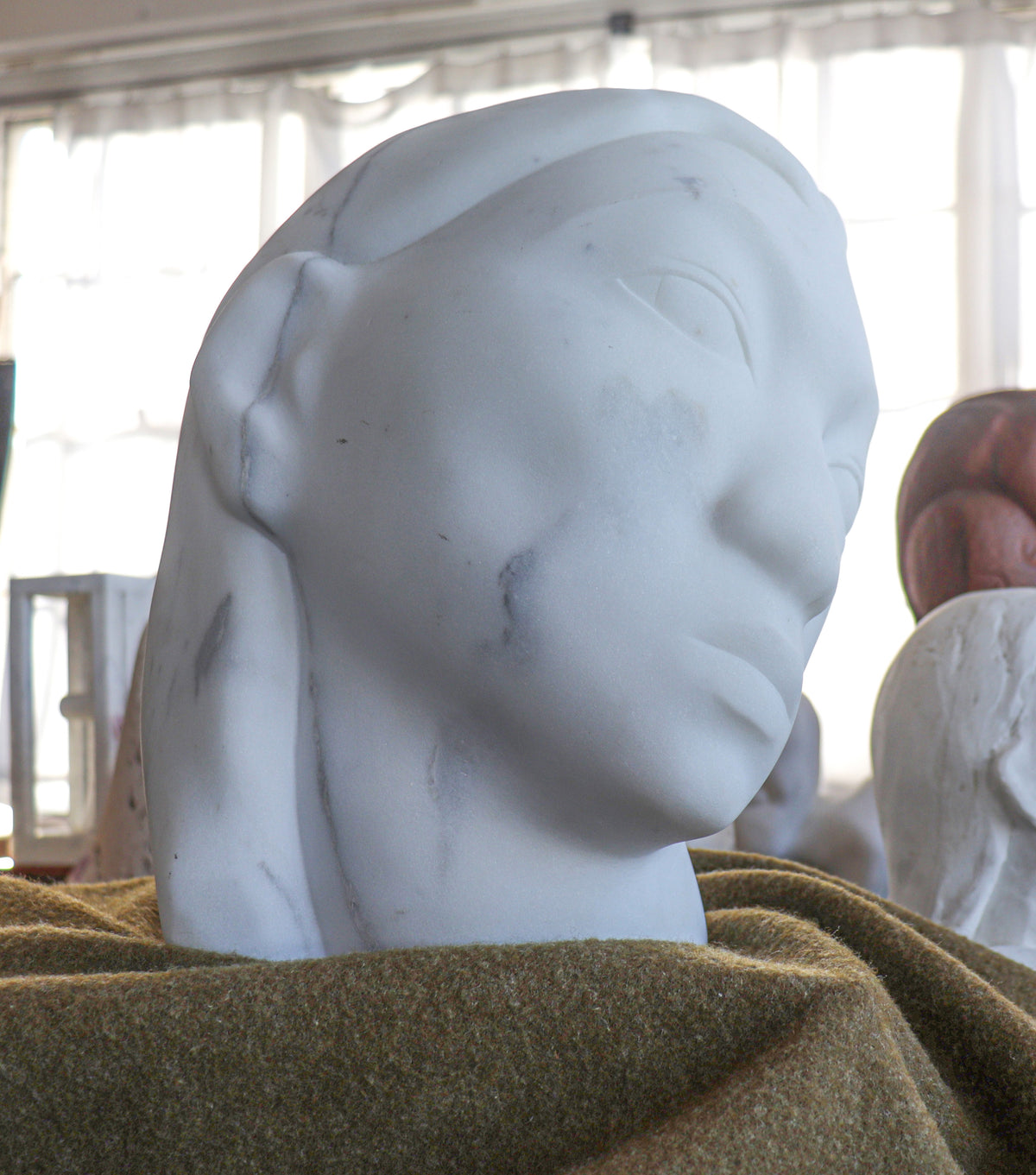 Contemplative Woman <br>20th Century Carrara Marble Sculpture<br><br>#C2944