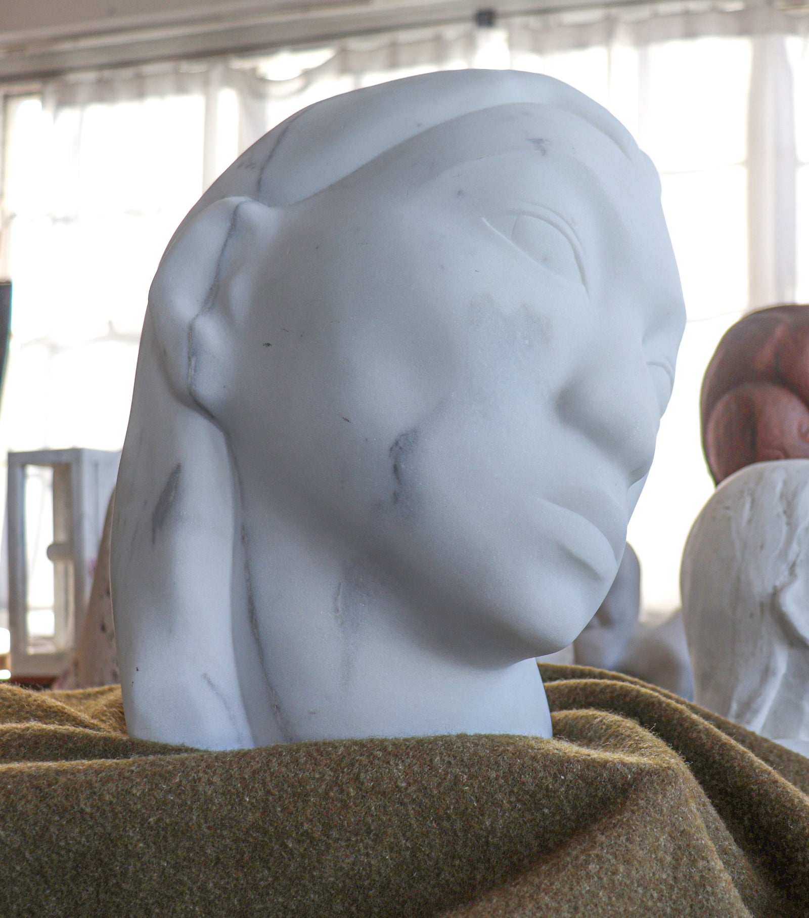 Contemplative Woman <br>20th Century Carrara Marble Sculpture<br><br>#C2944