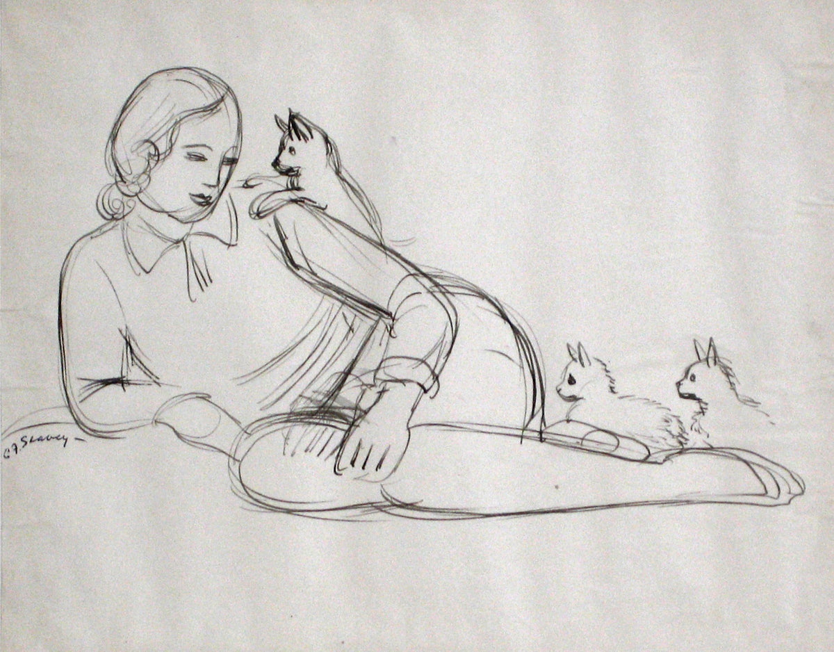 Playful Kittens &amp; Girl&lt;br&gt;1930s Graphite Drawing&lt;br&gt;&lt;br&gt;#0013