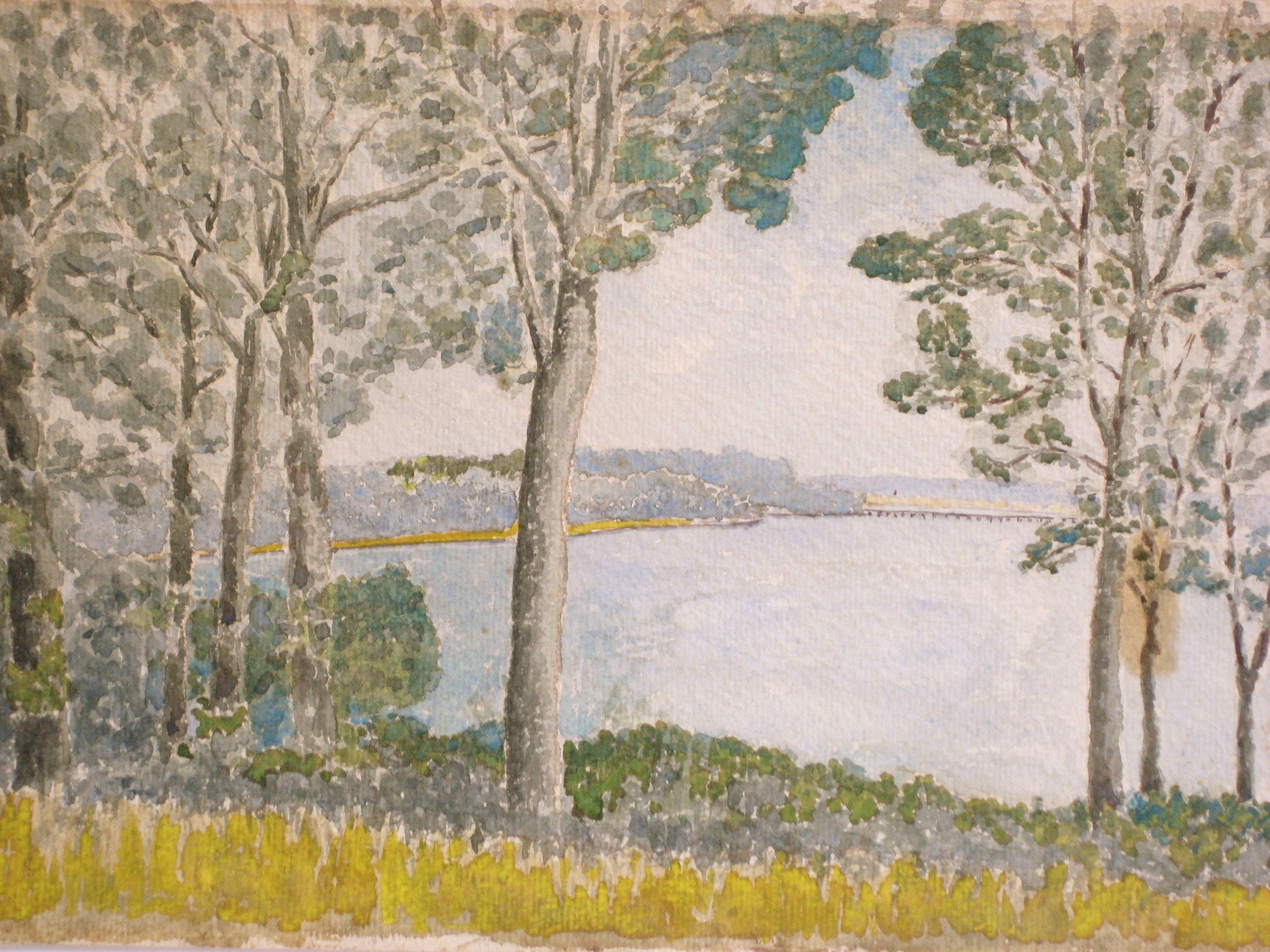 Serene Tree-Lined Lake Scene <br>Early 20th Century Watercolor <br><br>#1107