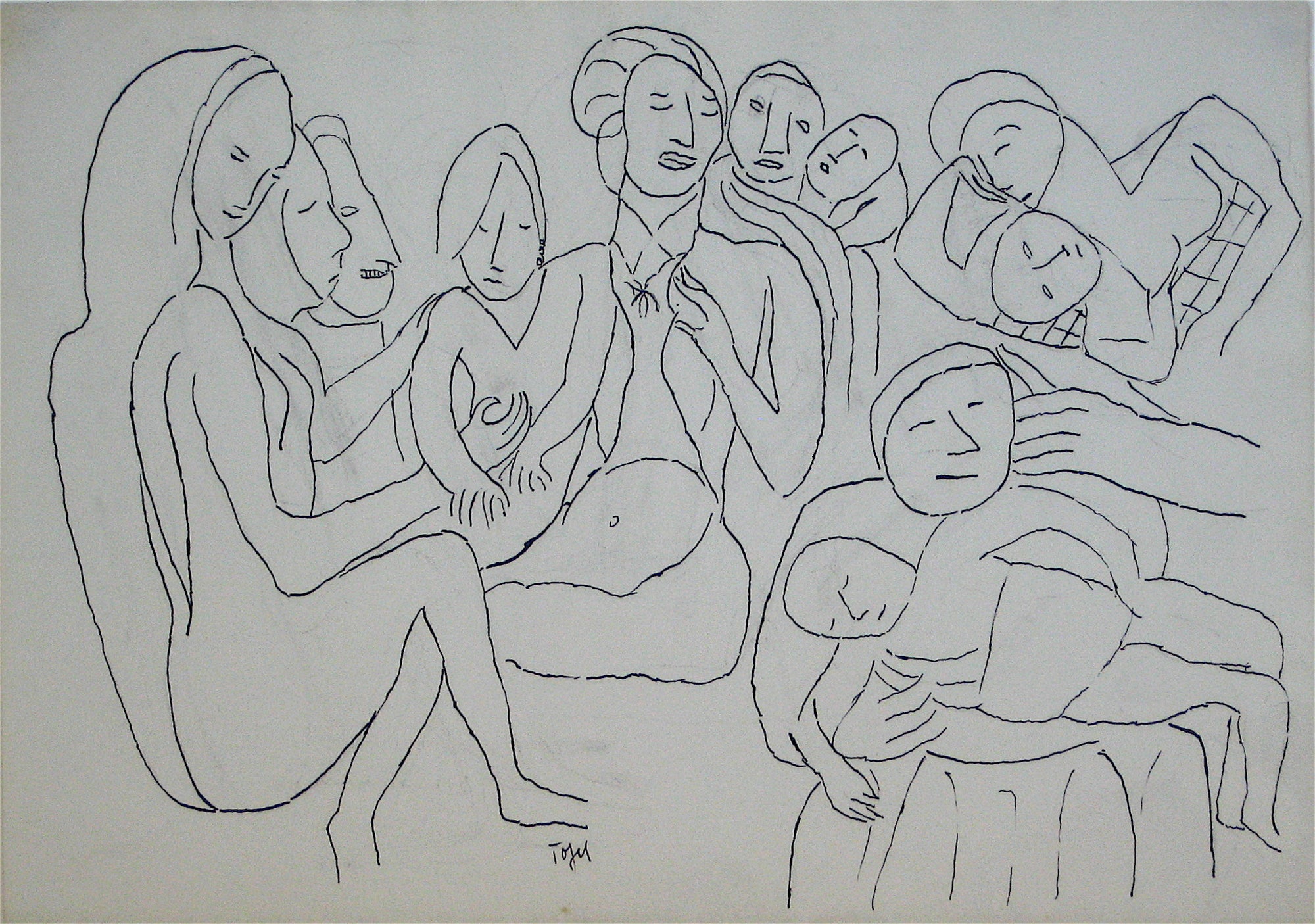 Abstracted Figure Scene <br>Early 20th Century Ink<br><br>#11227
