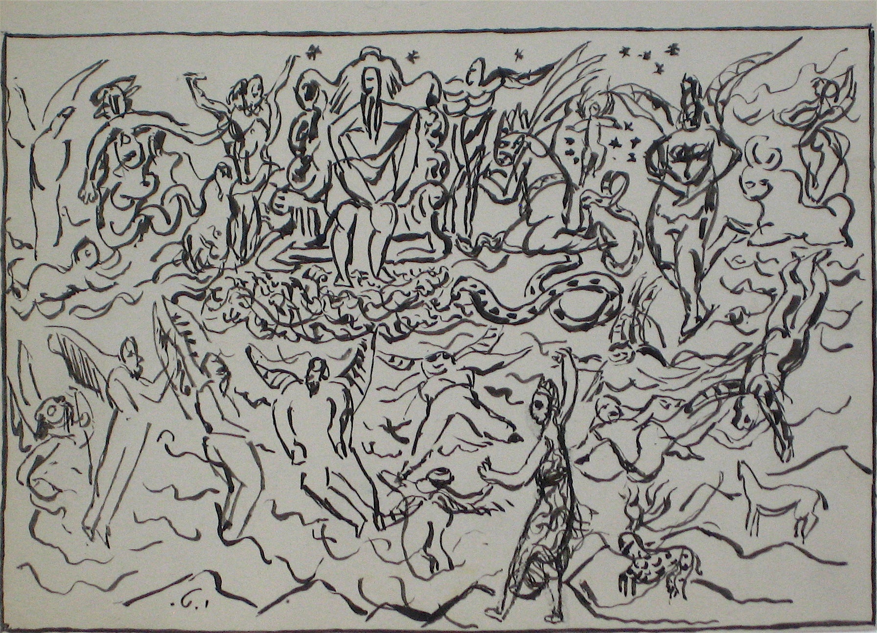 Expressionist Celestial Figurative Scene <br>Early 20th Century Ink <br><br>#11311