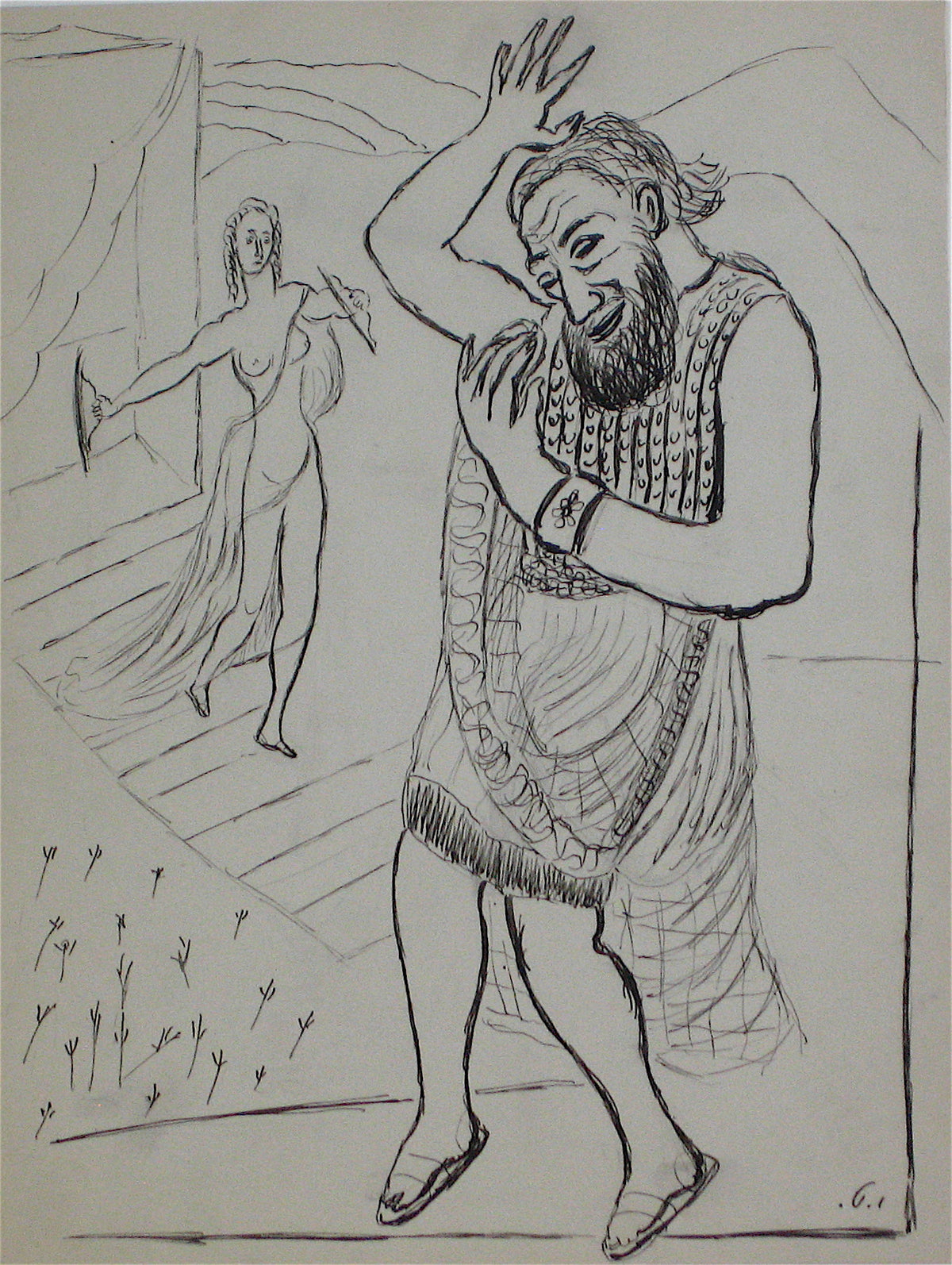 Figurative Scene of a Man and Woman &lt;br&gt;Early 20th Century Ink&lt;br&gt;&lt;br&gt;#11326