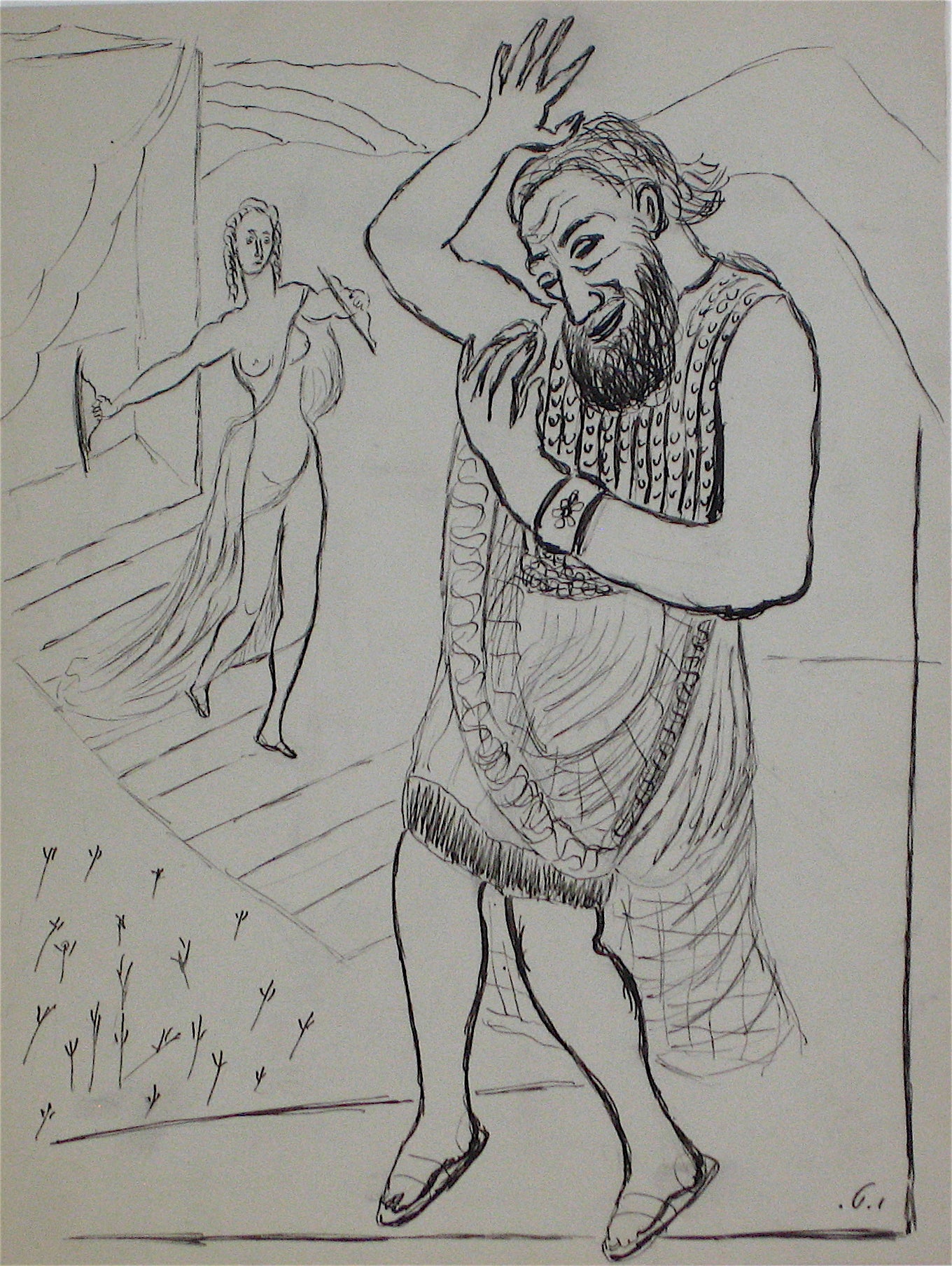 Figurative Scene of a Man and Woman <br>Early 20th Century Ink<br><br>#11326