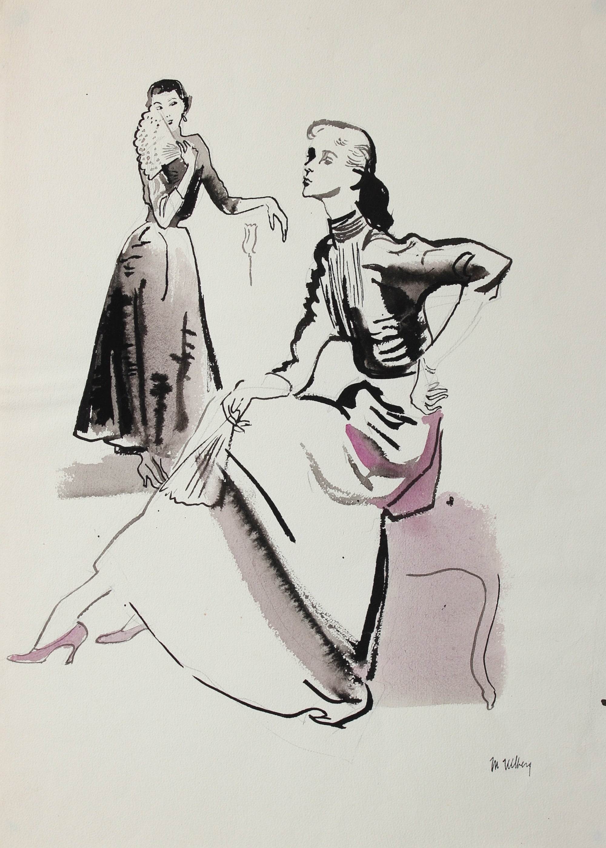 Elegant Model Pair<br>1940-50 Watercolor<br><br>#3656