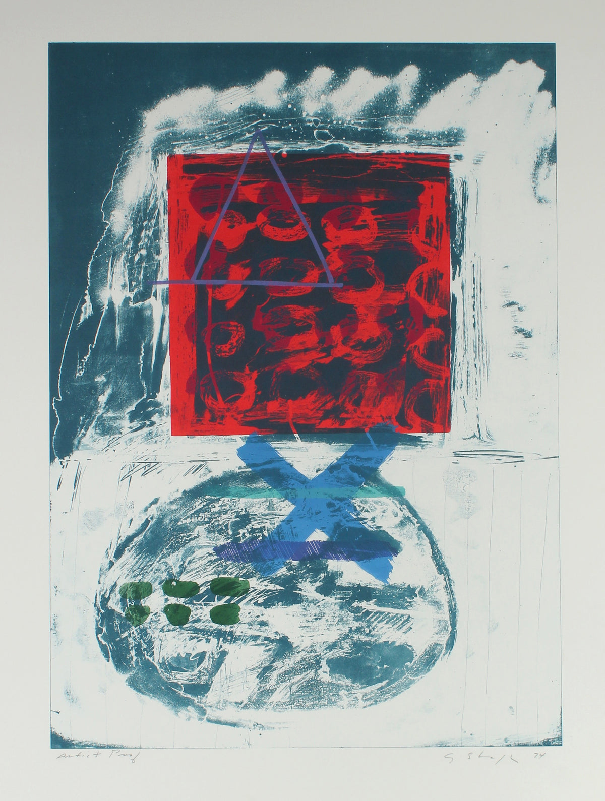 Abstract Expressionist 1974 Red &amp; Blue Lithograph&lt;br&gt;&lt;br&gt;#11968