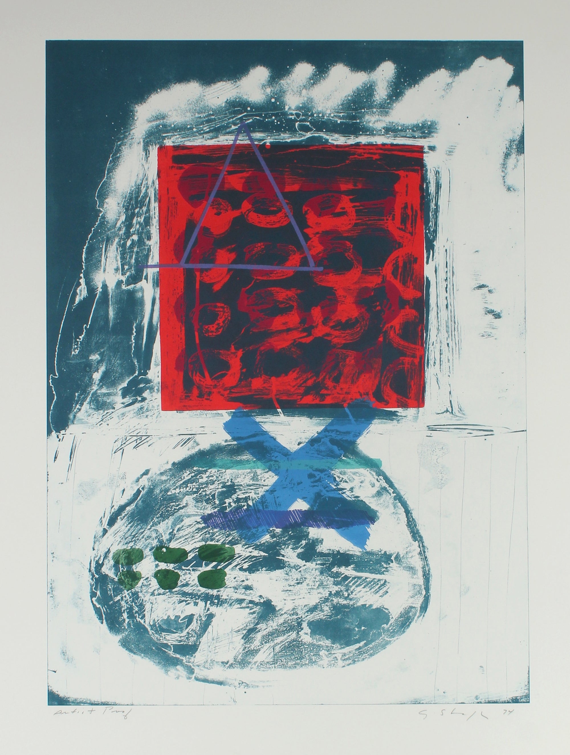 Abstract Expressionist 1974 Red & Blue Lithograph<br><br>#11968
