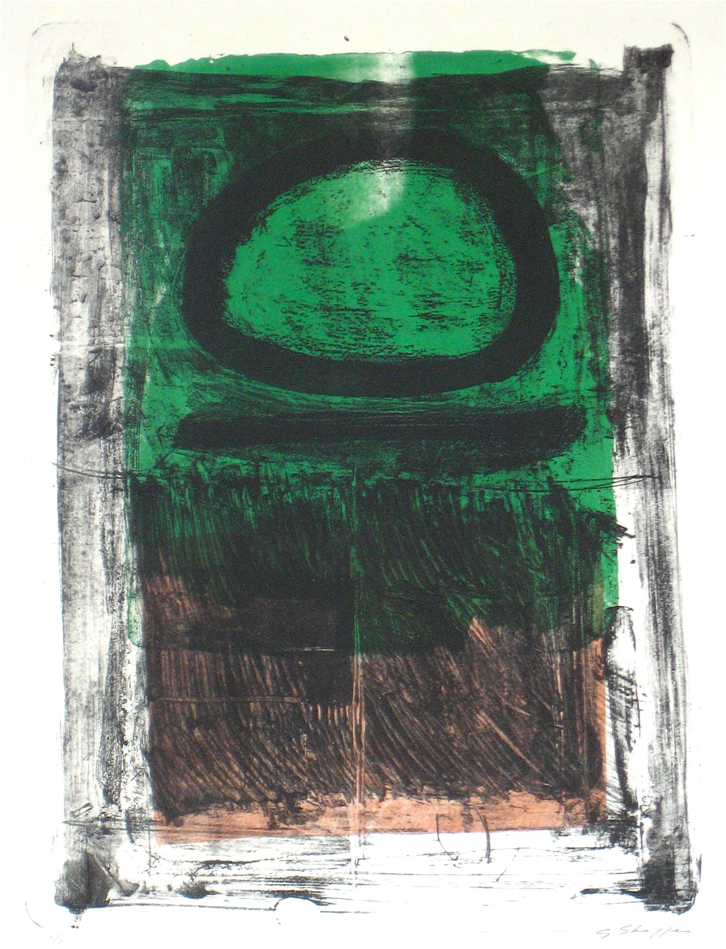 Modernist Green & Black Color Field Abstract <br>1965 Stone Lithograph <br><br>#12023