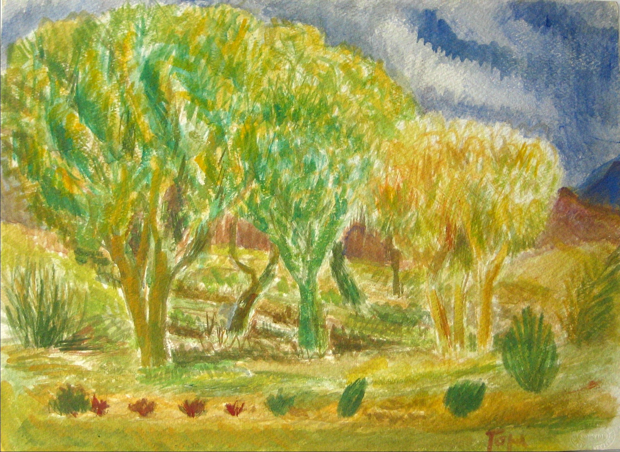 Expressive Landscape with Trees<br>Early-Mid 20th Century Watercolor<br><br>#13243