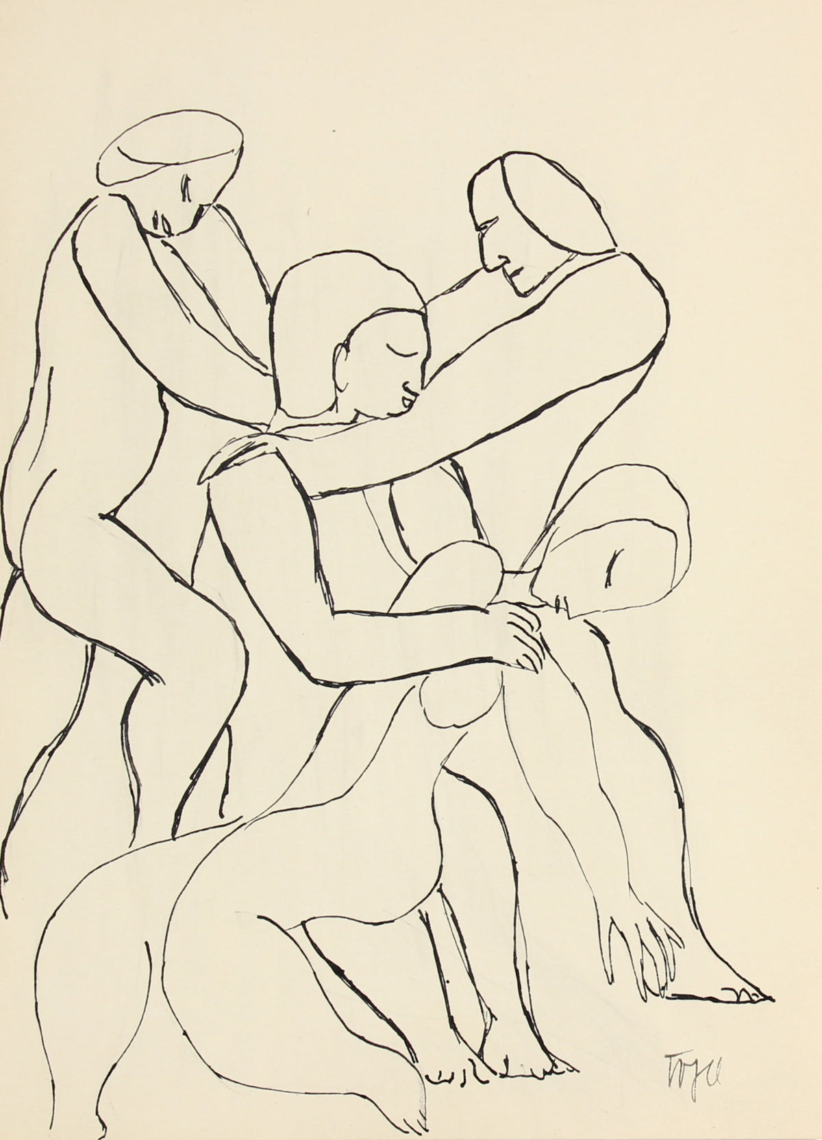 Abstracted Figures in a Scene &lt;br&gt;Early 20th Century Ink &lt;br&gt;&lt;br&gt;#13303