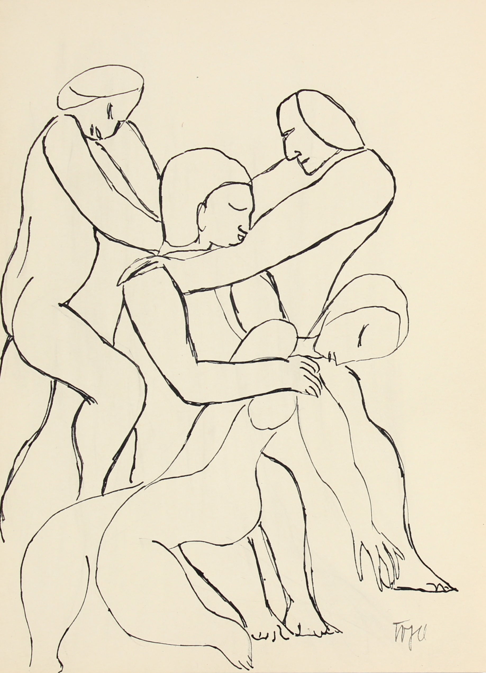 Abstracted Figures in a Scene <br>Early 20th Century Ink <br><br>#13303