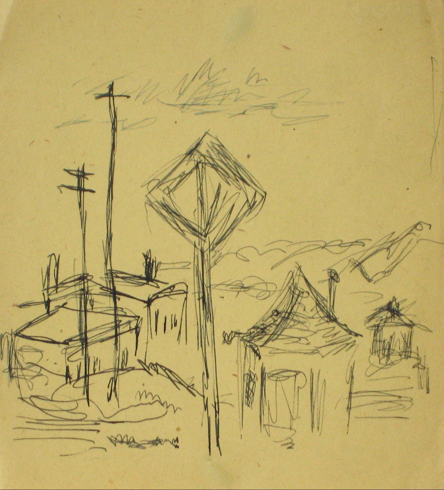 Minimalist Town Scene<br>Early-Mid 20th Century Ink on Paper<br><br>#13474