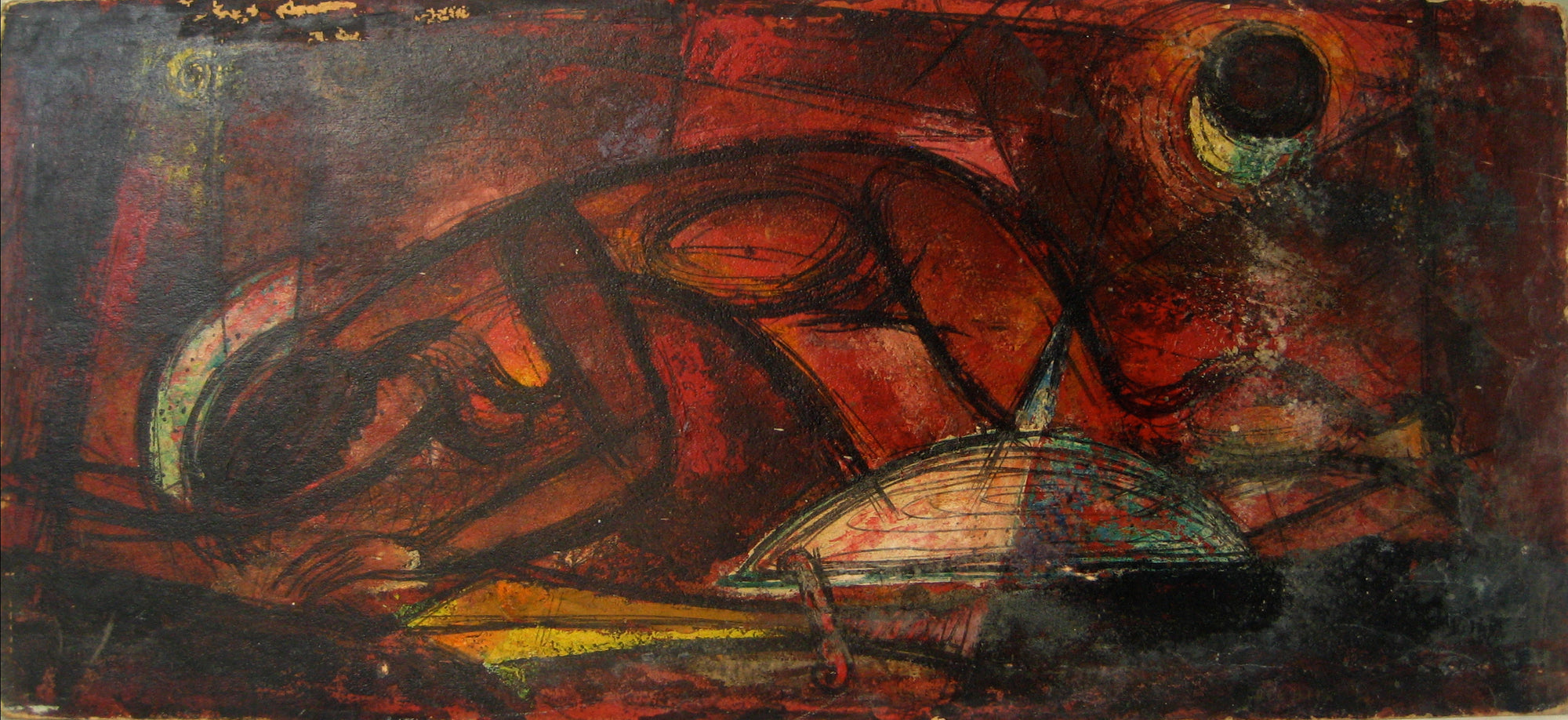 Abstracted Crouched Figure in Red<br>1950-60s Oil<br><br>#13535
