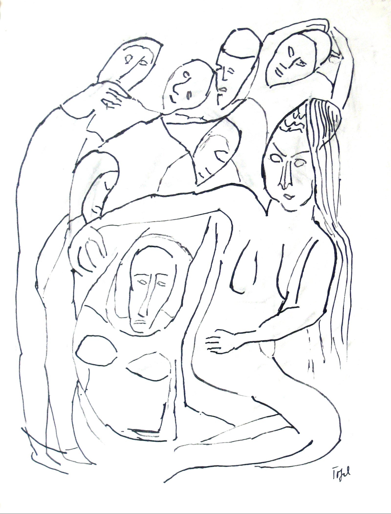 Abstracted Huddled Figures<br>Early-Mid 20th Century Ink<br><br>#13569