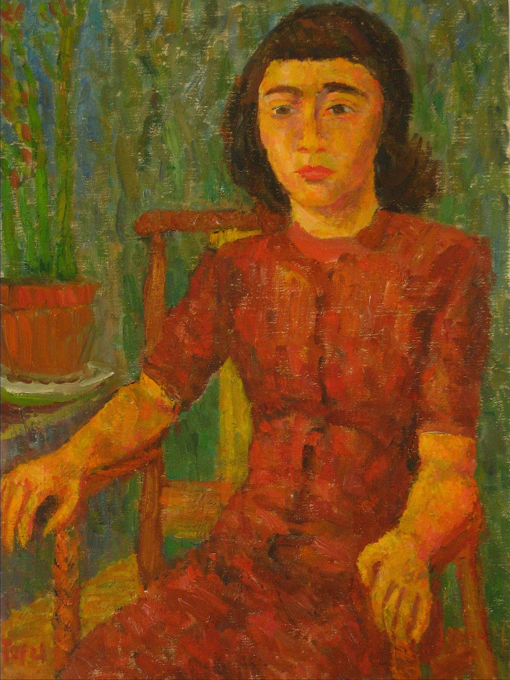 Expressionist Girl in Red <br>1940s Oil <br><br>#13667