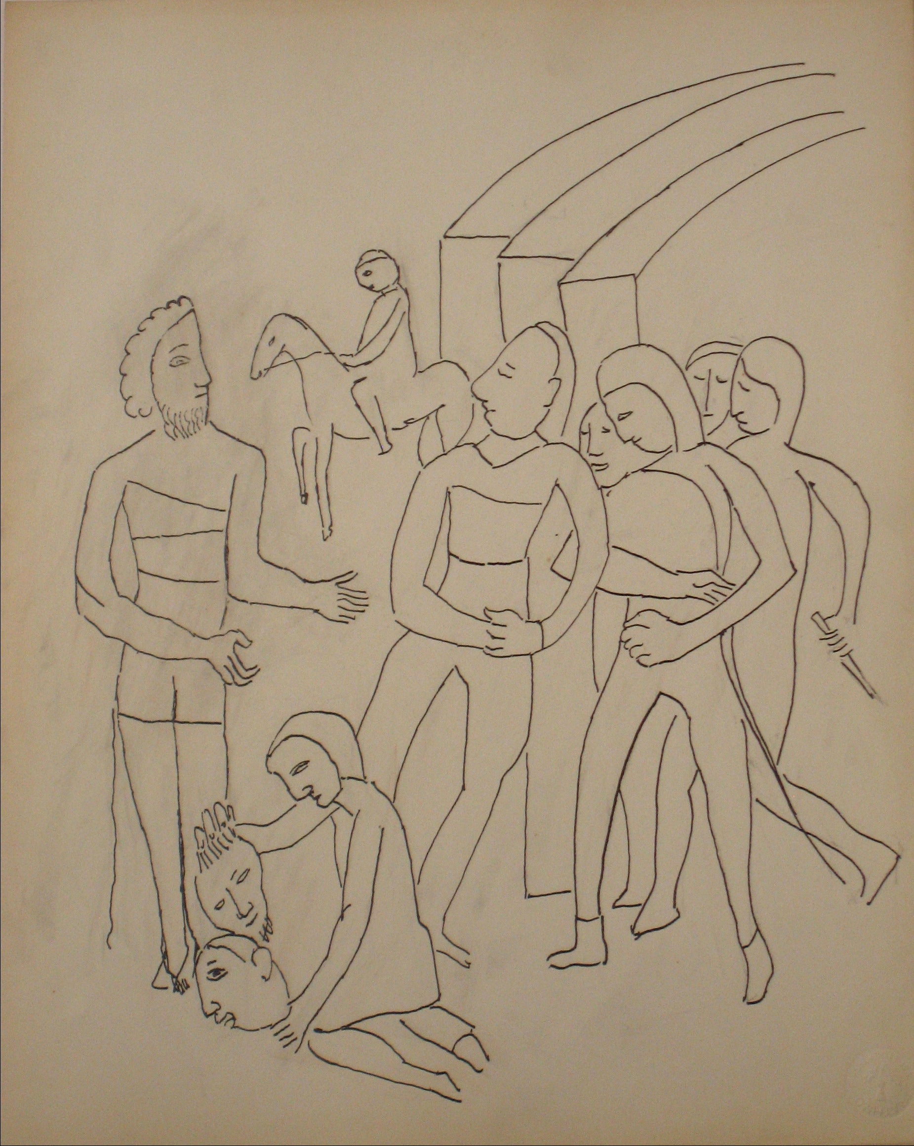 Expressionist Biblical Figure Scene <br>Early to Mid 20th Century Ink on Paper <br><br>#14200