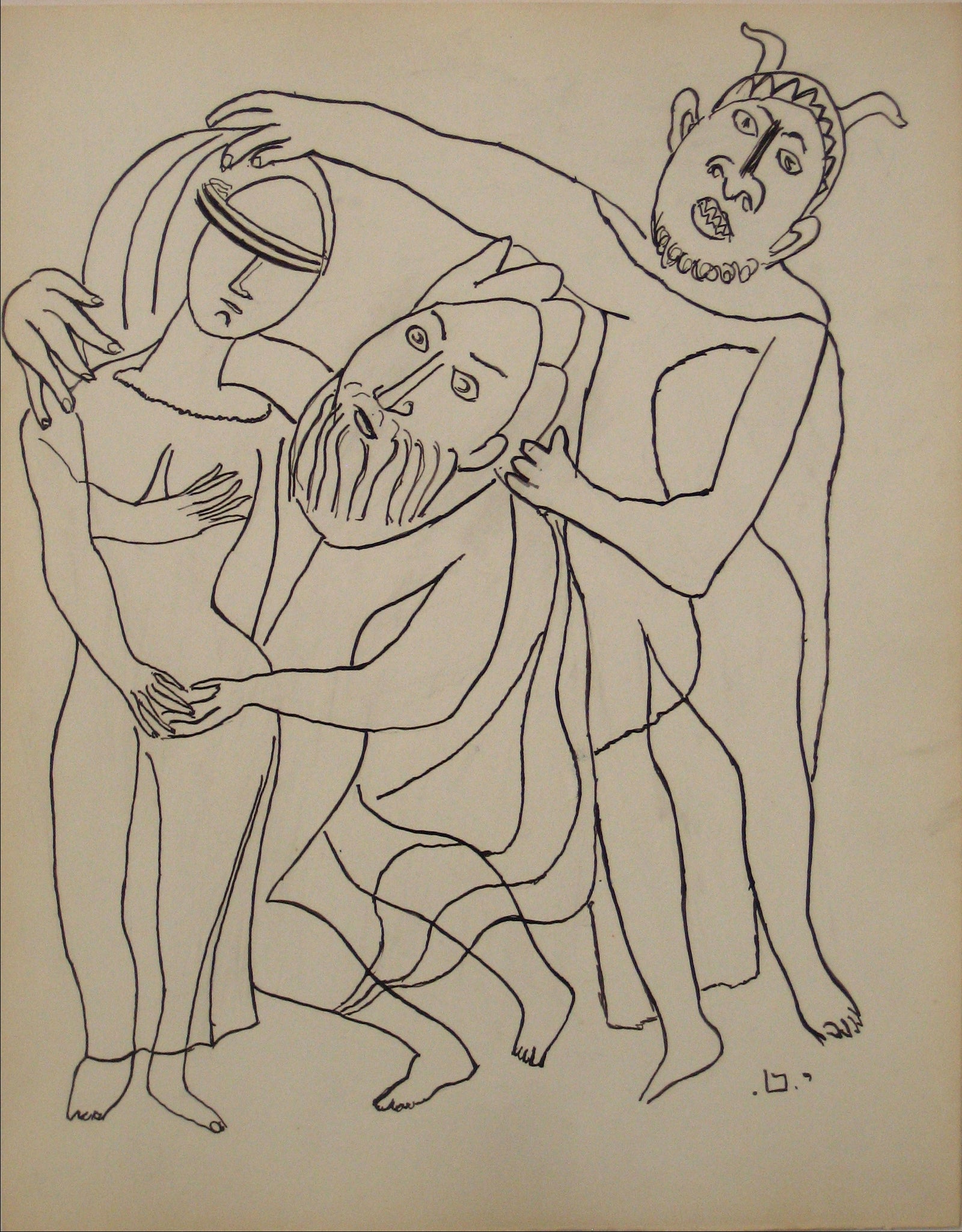 Linear Ink Figure Scene <br>Early to Mid 20th Century Ink on Paper <br><br>#14201