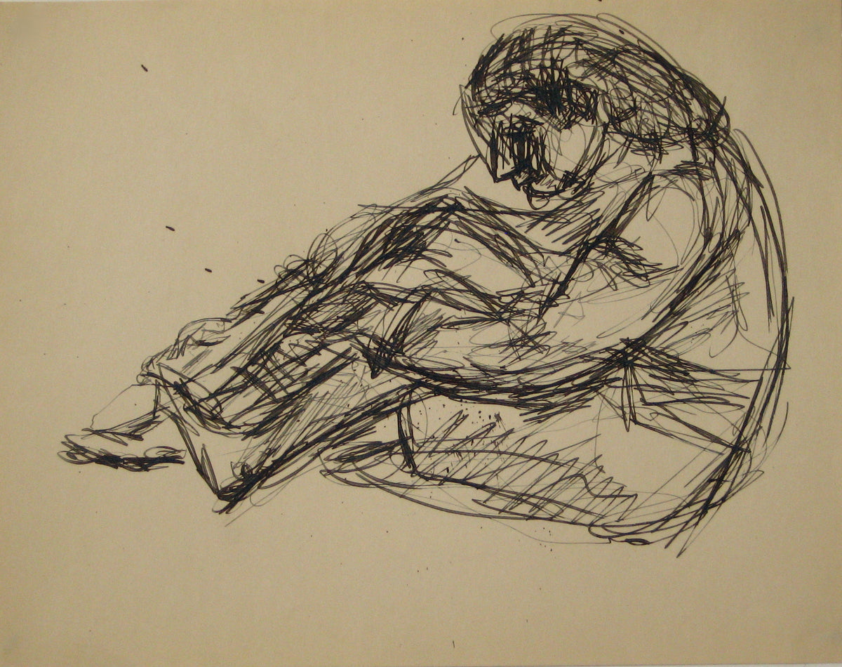 Seated Monochrome Figure Sketch &lt;br&gt;Early to Mid 20th Century Ink on Paper &lt;br&gt;&lt;br&gt;#14289