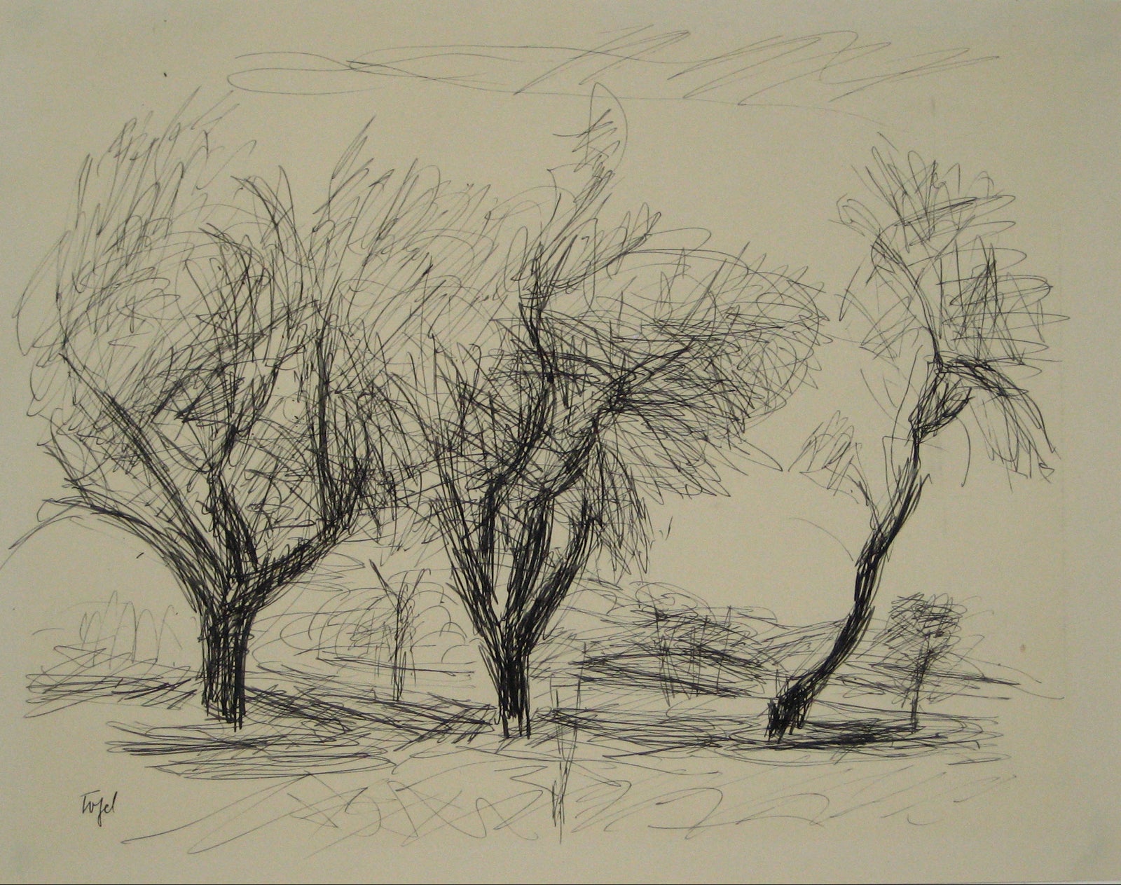 Minimalist Landscape with Trees <br>Early-Mid 20th Century Ink <br><br>#14294