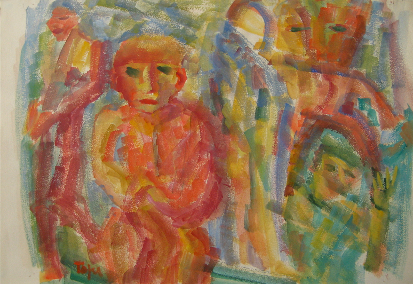 Colorful Expressionist Figure Abstract<br>Early-Mid 20th Century Watercolor<br><br>#14380