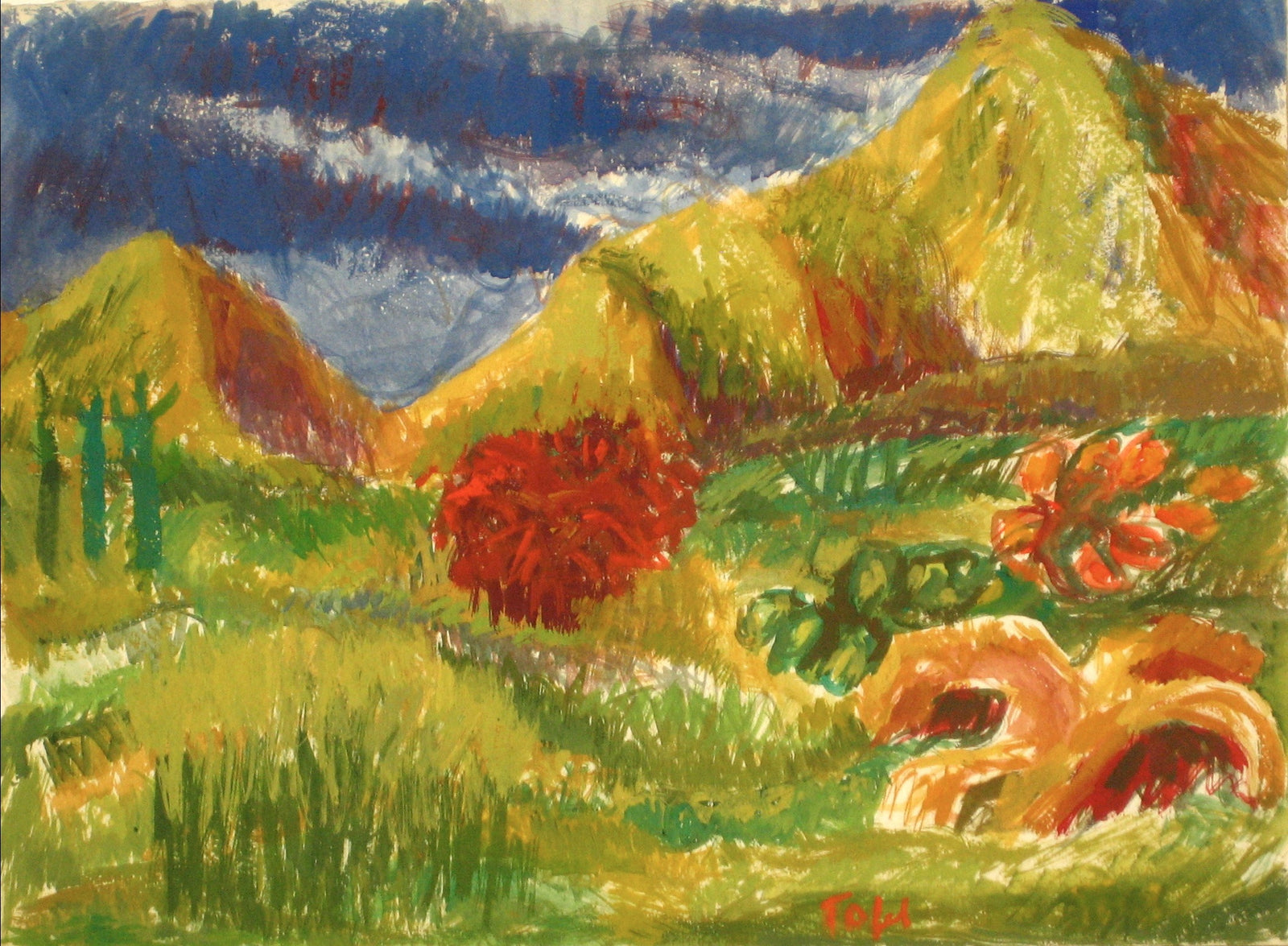 Expressive Meadow with Mountains<br>Mid 20th Century Watercolor<br><br>#14731