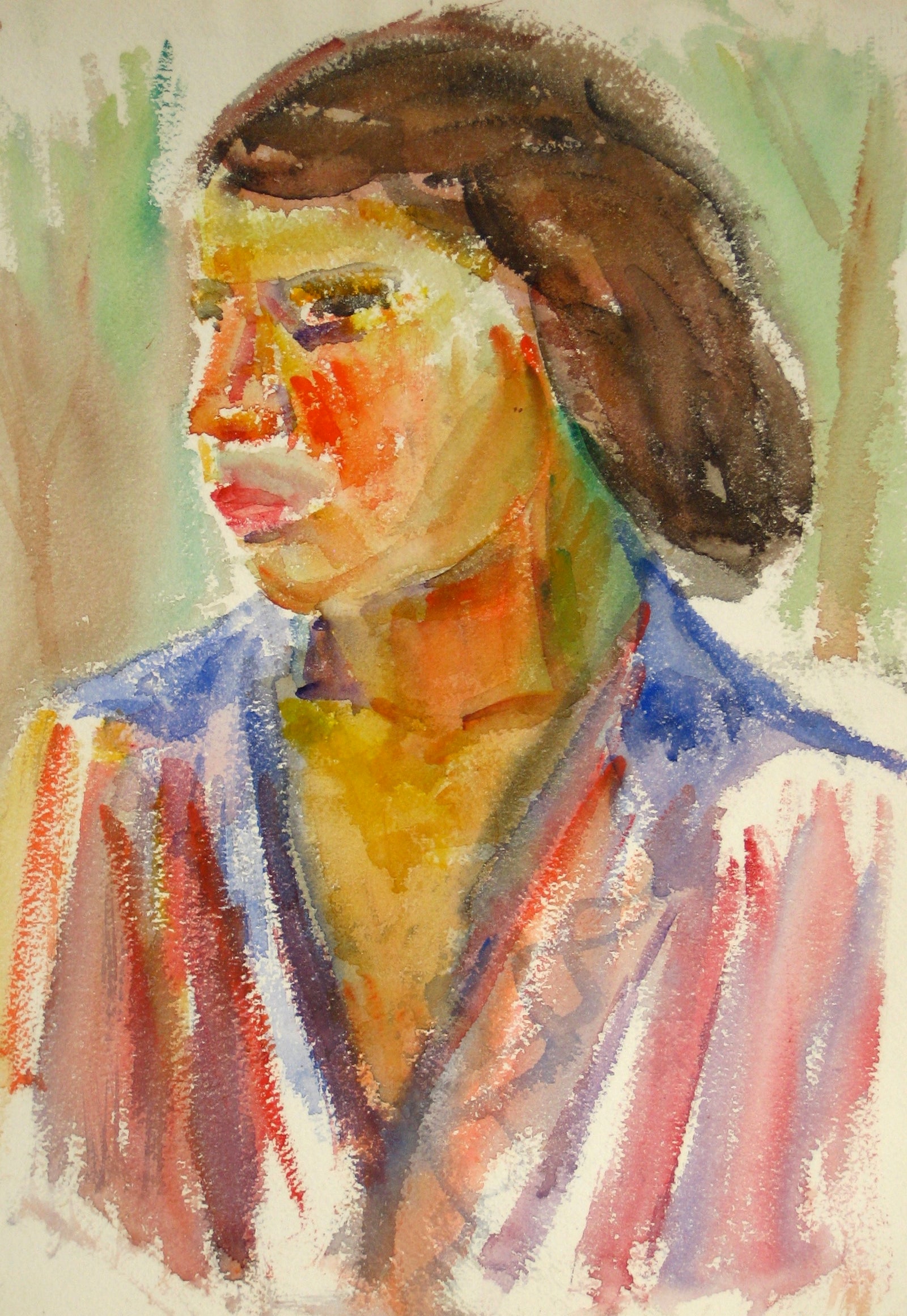 Colorful Expressionist Portrait <br>Mid 20th Century Watercolor<br><br>#15091