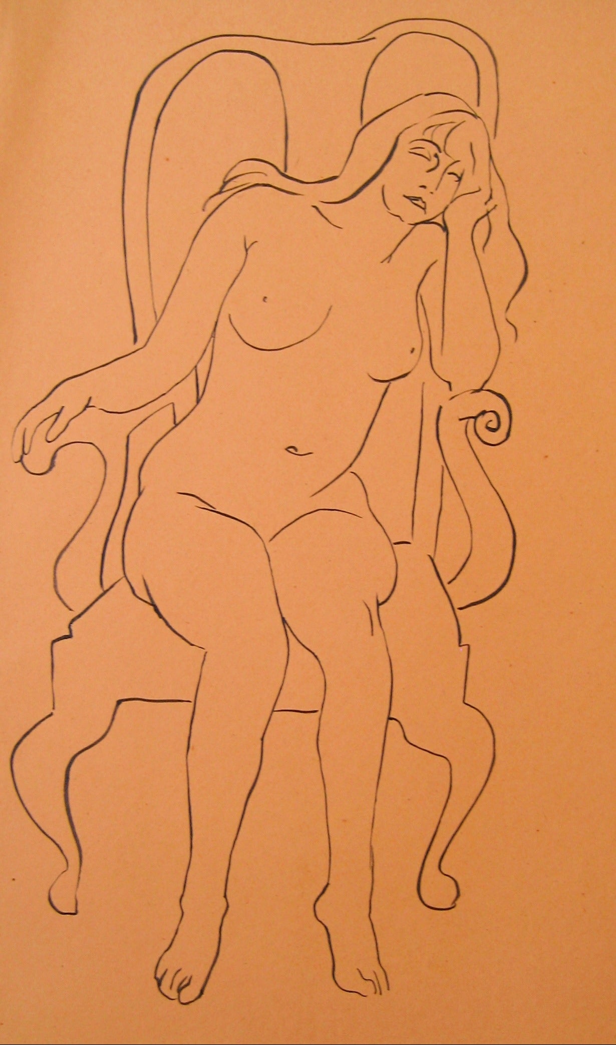 Seated Female Nude<br>1930-50s Pen & Ink<br><br>#15964