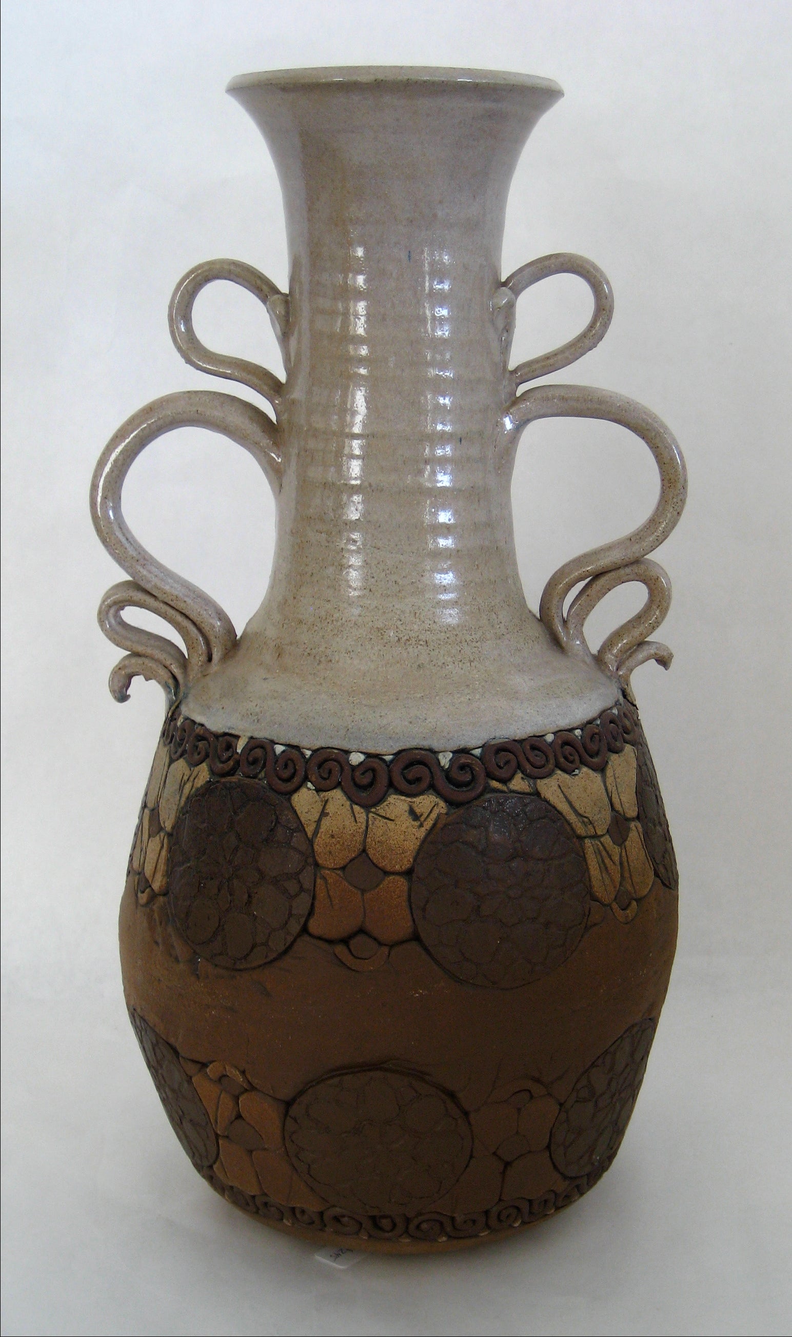 Dual-Tone Ceramic Vessel With Patterned Base And Complex Handles <br> Signed <br><br>#16130
