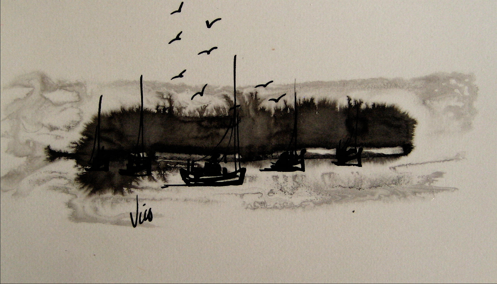 Modernist Coastal Abstract<br>Ink Wash, 1960s<br><br>#16223