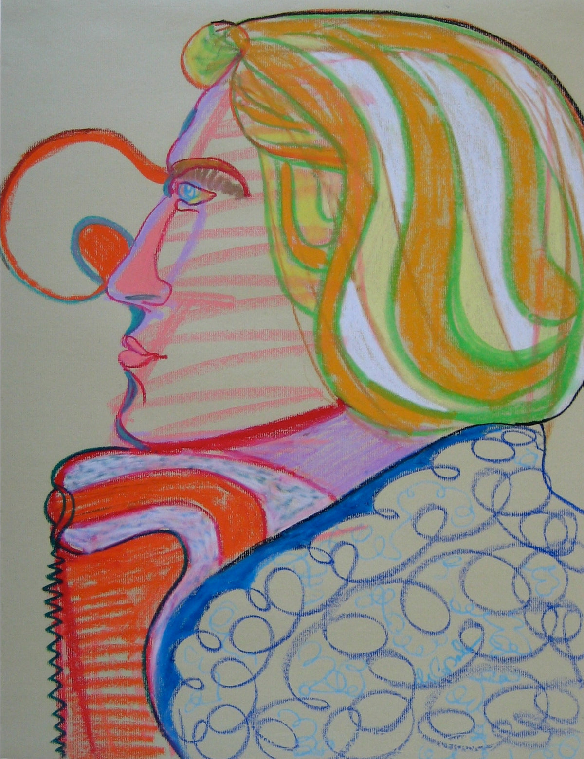 Serene Profile In Psychedelic Colors &lt;br&gt;Mid - Late 20th Century Pastel &lt;br&gt;&lt;br&gt;#16395
