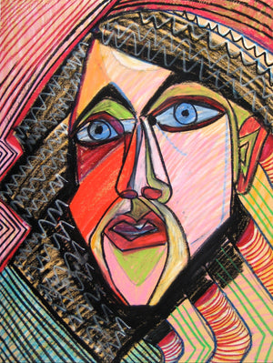 Bright Psychedelic Geometric Surreal Portrait <br>Mid to Late 20th Century Pastel <br><br>#16445