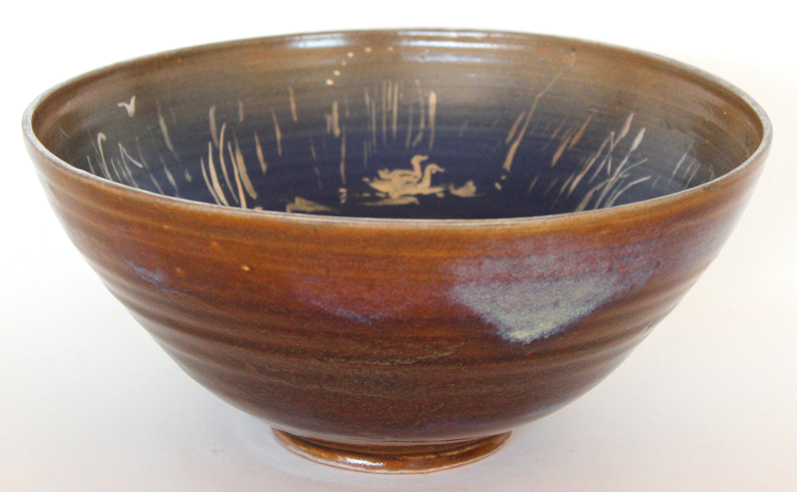 Vessel with Scene of Ducks in Water<br>Mid Century Ceramic<br><br>#19153