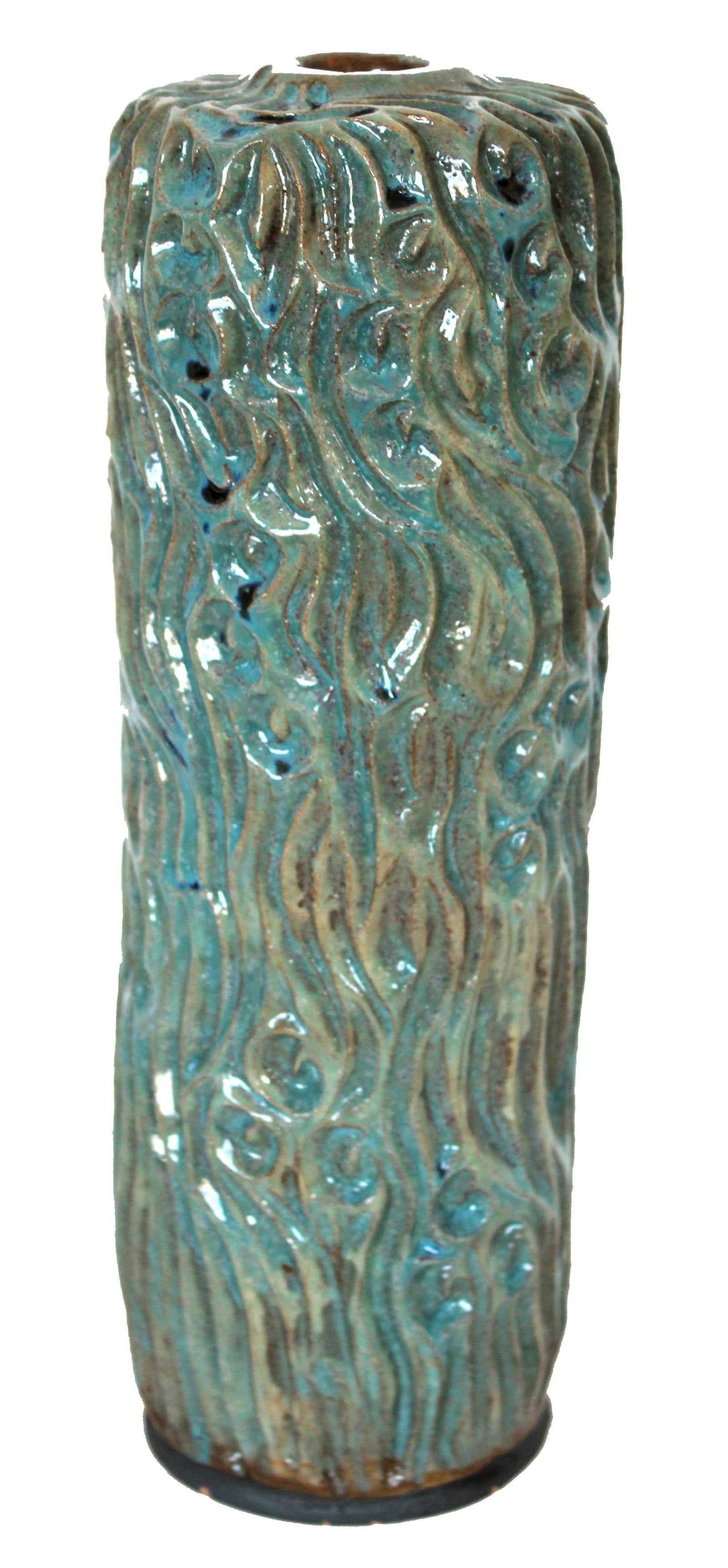 Green Ceramic with Carved Details<br>Mid Century<br><br>#19188