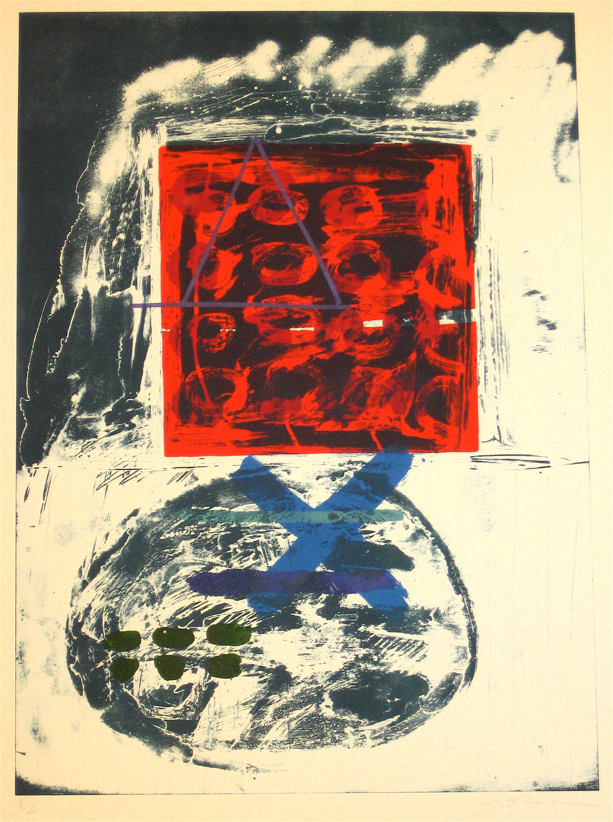 Abstract Expressionist 1966 Dark Red &amp; Blue Stone Lithograph &lt;br&gt;&lt;br&gt;#11968