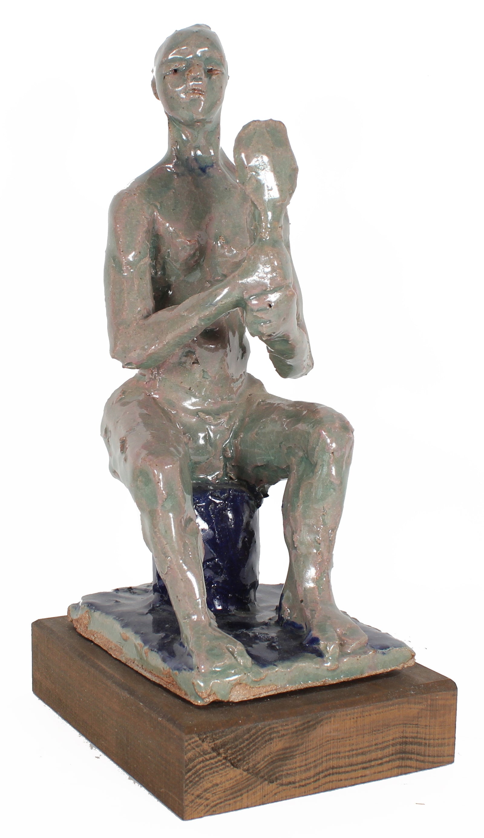 Seated Figure with Mirror<br>2000s Clay Sculpture<br><br>#20256