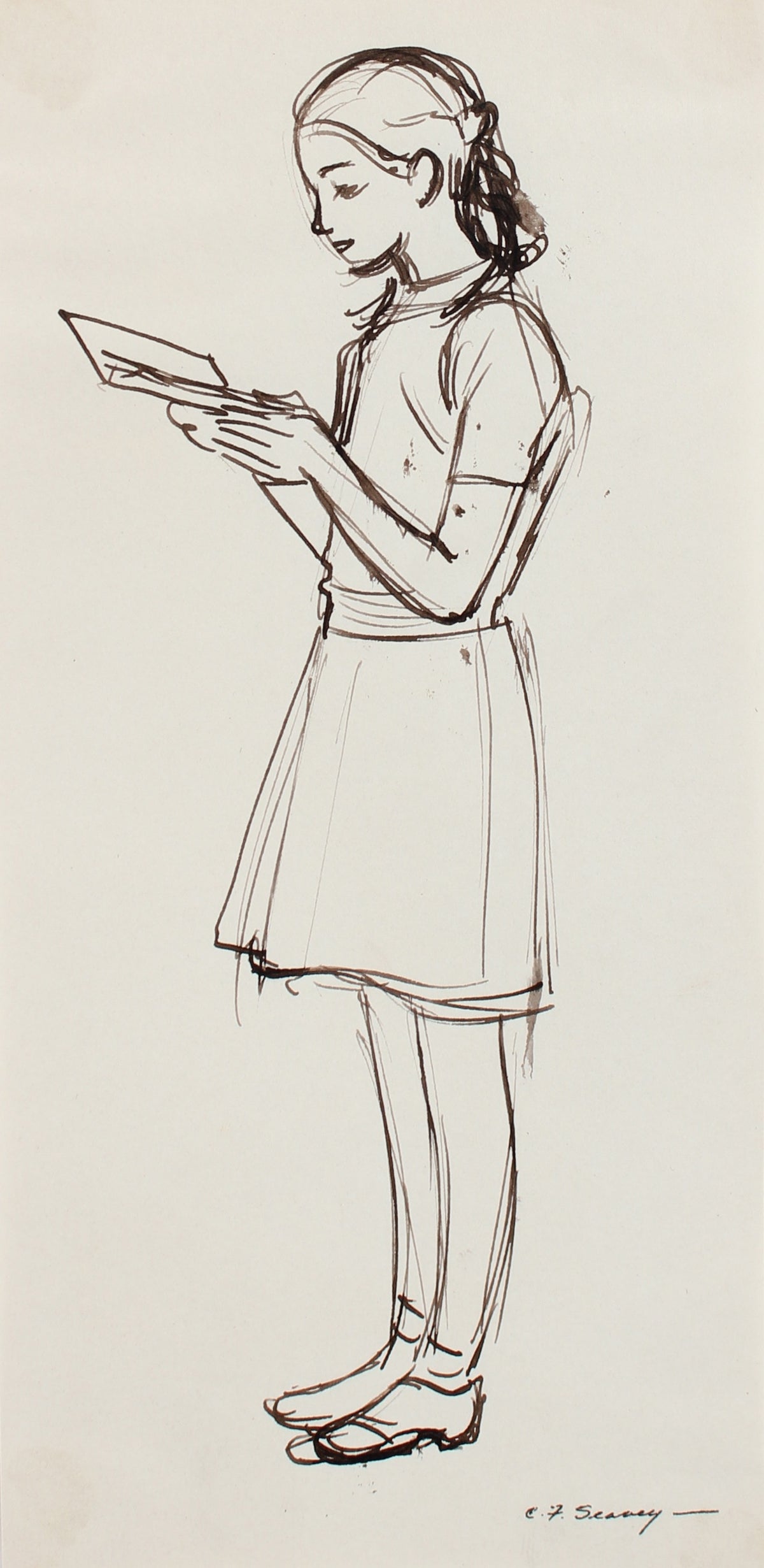 Standing Girl Reading Book&lt;br&gt;1930s-1940s Ink&lt;br&gt;&lt;br&gt;#0011