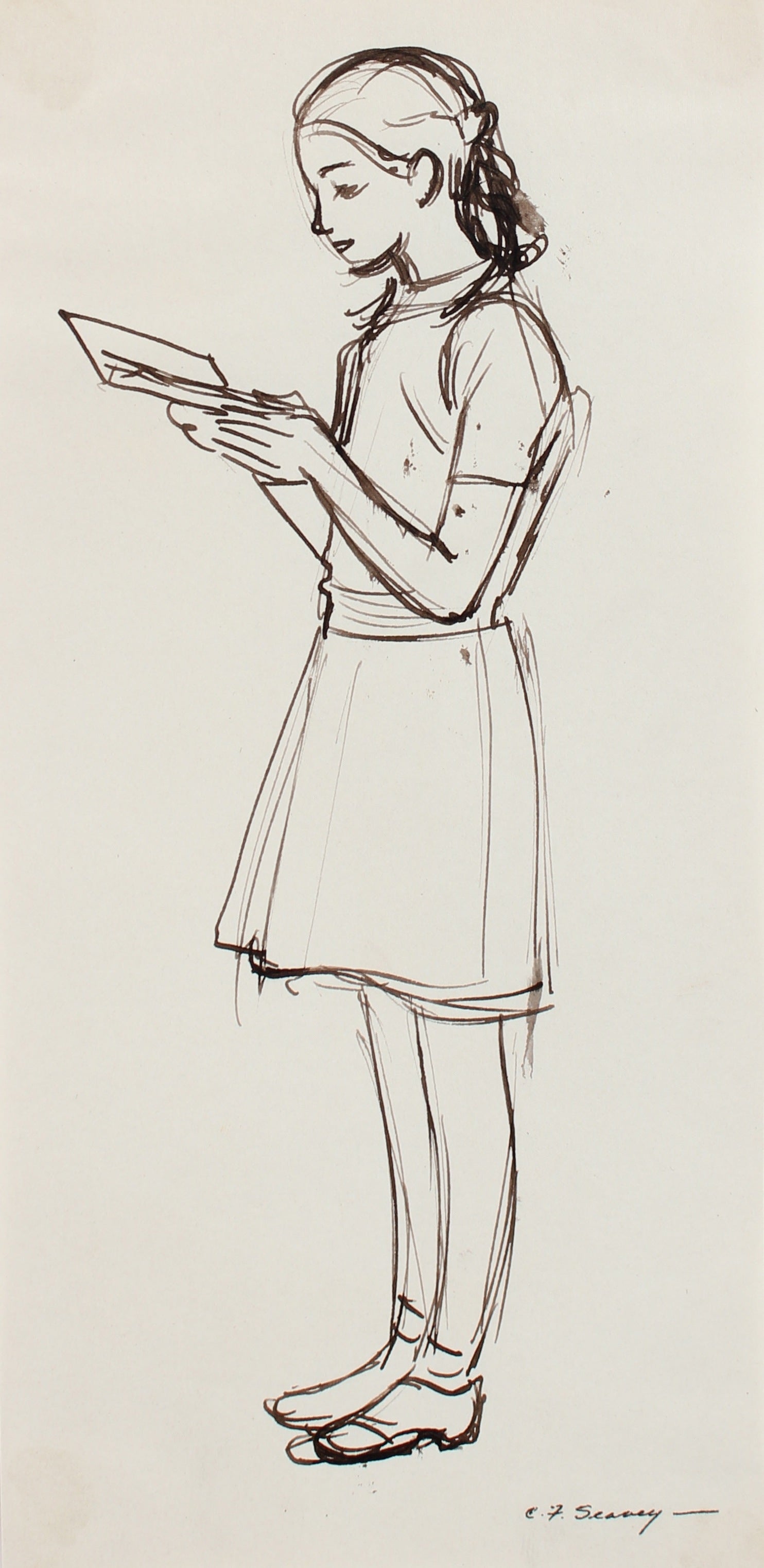 Standing Girl Reading Book<br>1930s-1940s Ink<br><br>#0011