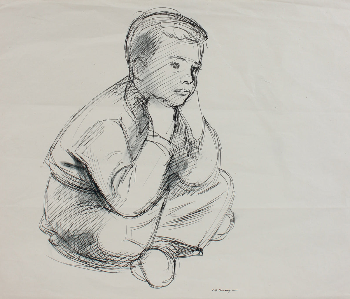 Contemplative Seated Young Boy &lt;br&gt;1930-40s Ink &lt;br&gt;&lt;br&gt;#0020