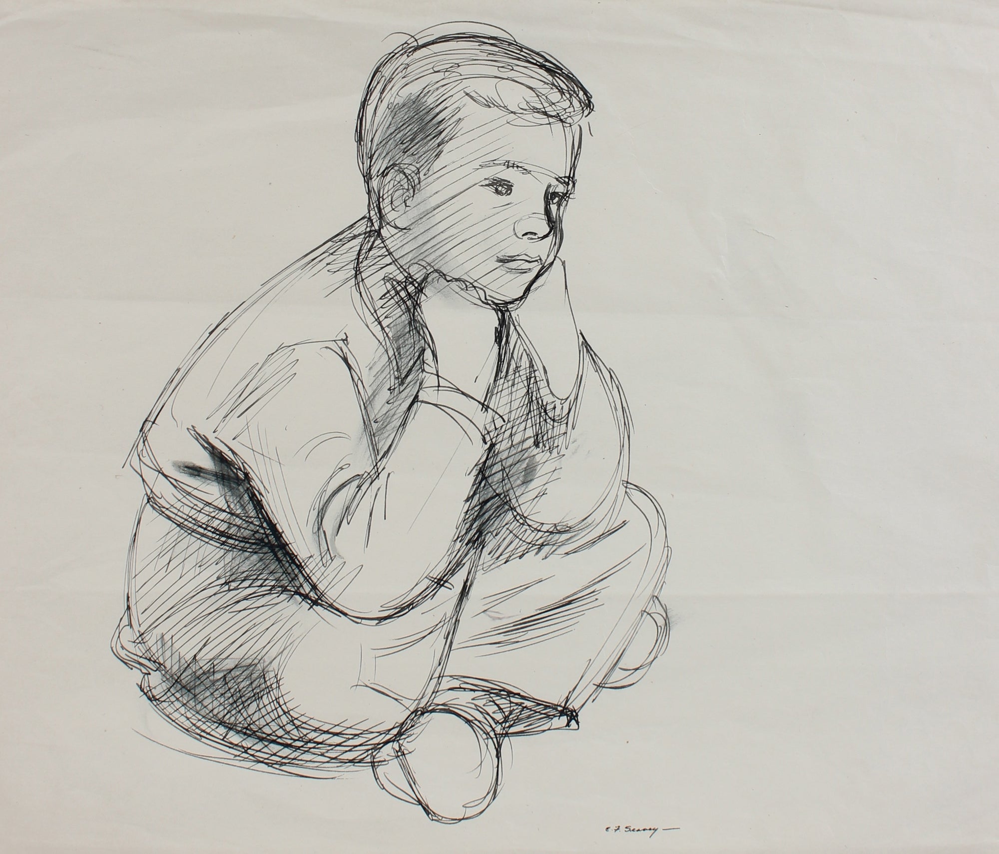 Contemplative Seated Young Boy <br>1930-40s Ink <br><br>#0020